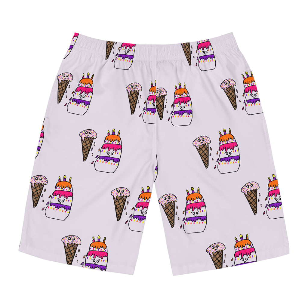 Hand-Drawn Cake and Ice Cream Cone Pattern Birthday Board Shorts | Pink All-Over Print