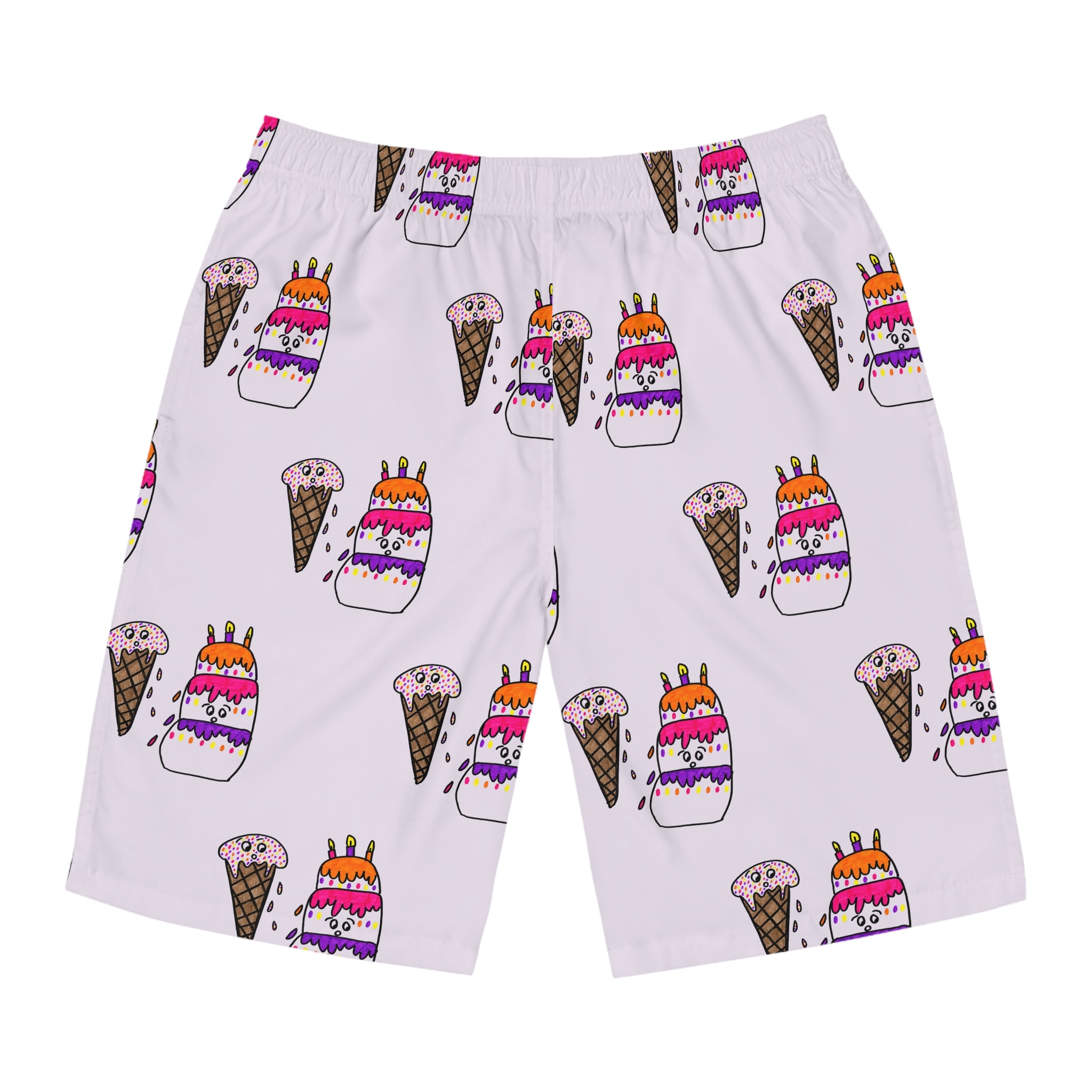Hand-Drawn Cake and Ice Cream Cone Pattern Birthday Board Shorts | Pink All-Over Print