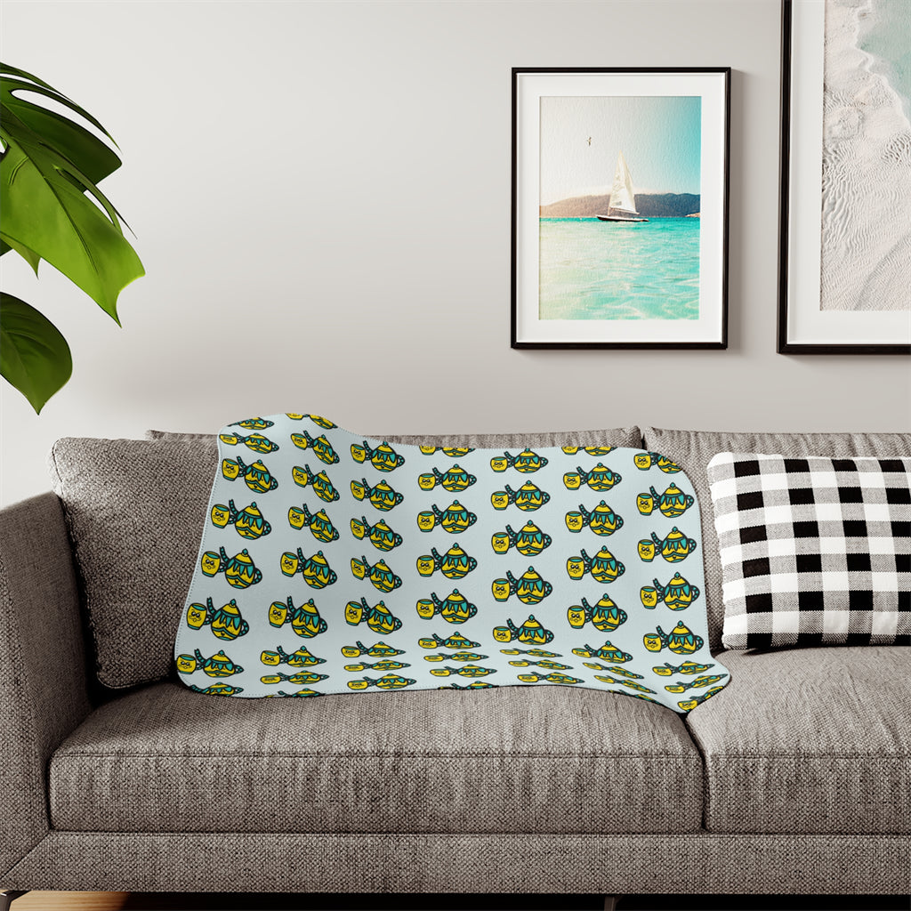 Hand-Drawn Teal and Yellow Teapot and Mug Pattern Sherpa Blanket | Repeating Cozy Tea party Print