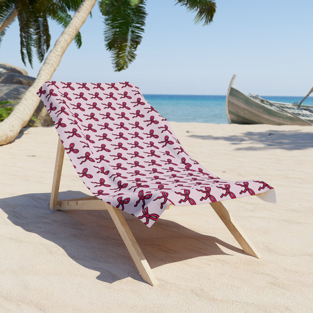 Hand-Drawn Pink Bow Pattern Beach Towel | Repeating Ribbon Design
