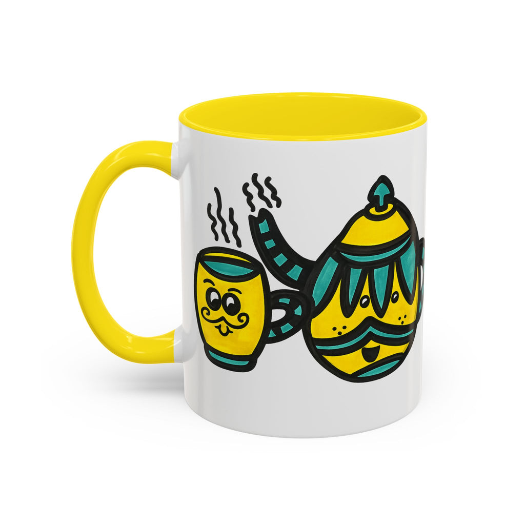 Hand-Drawn Yellow and Teal Mustache Teapot and Smiling Cup Mug | Accent Coffee Mug