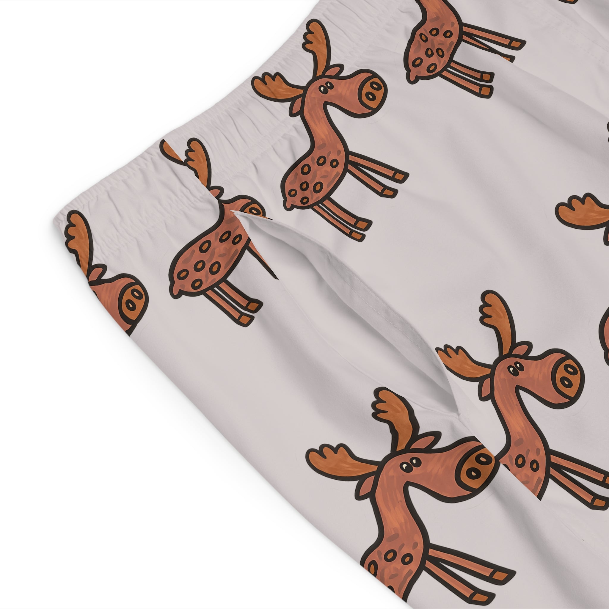 Hand-Drawn Cartoon Moose Pattern Board Shorts | Men's Swim Trunks, All-Over Print