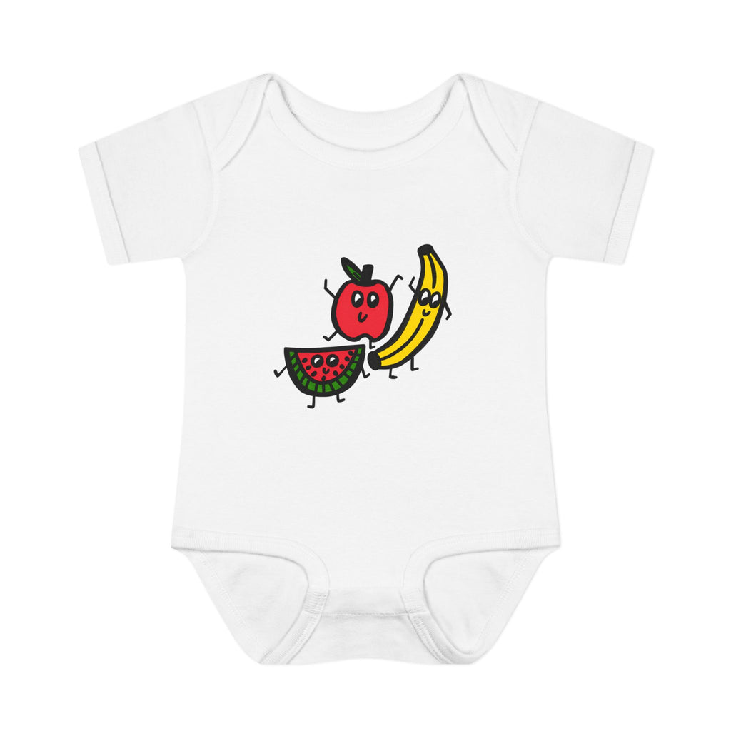 Hand-Drawn Cute Cartoon Fruit Trio Onesie | Apple Banana Watermelon Baby Bodysuit