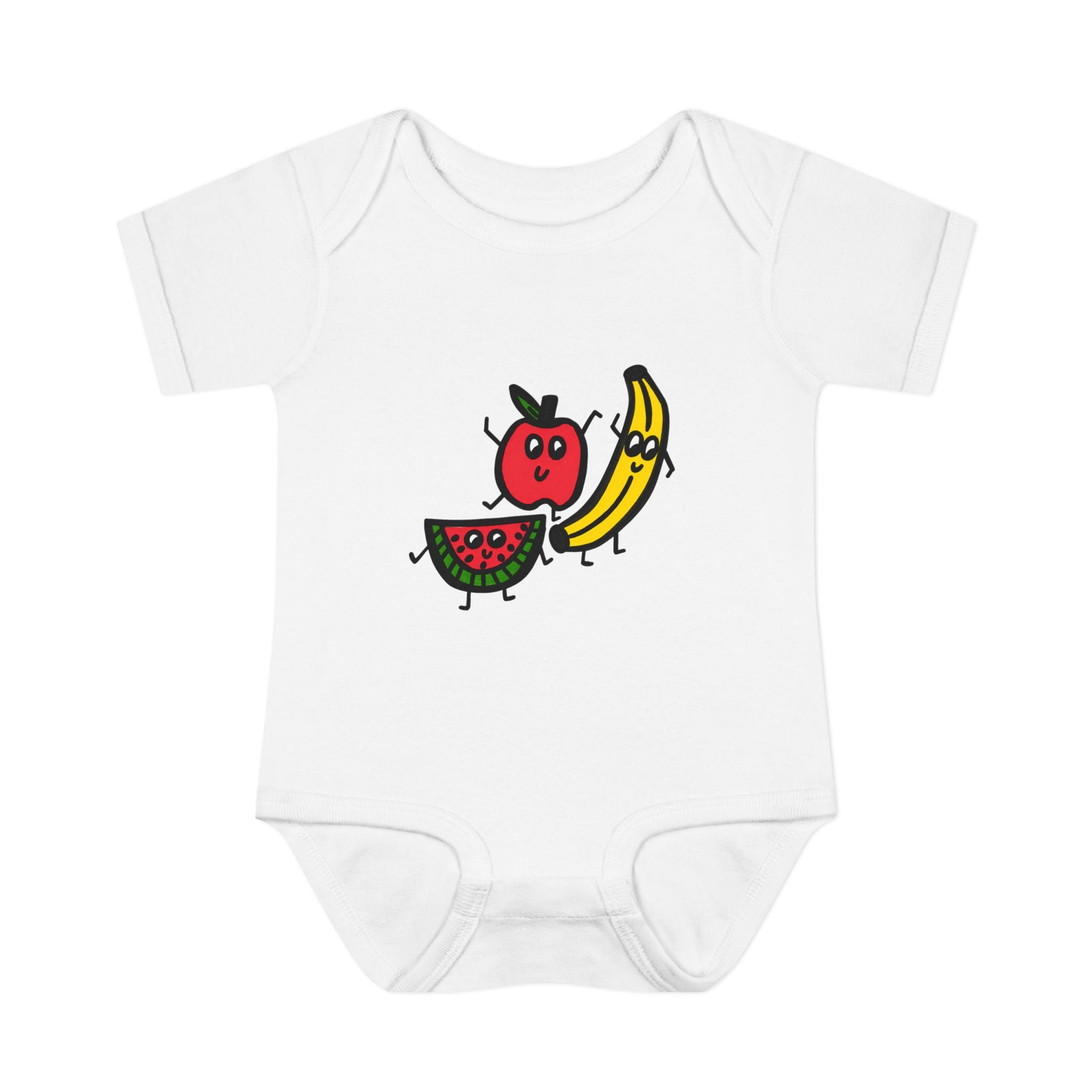 Hand-Drawn Cute Cartoon Fruit Trio Onesie | Apple Banana Watermelon Baby Bodysuit