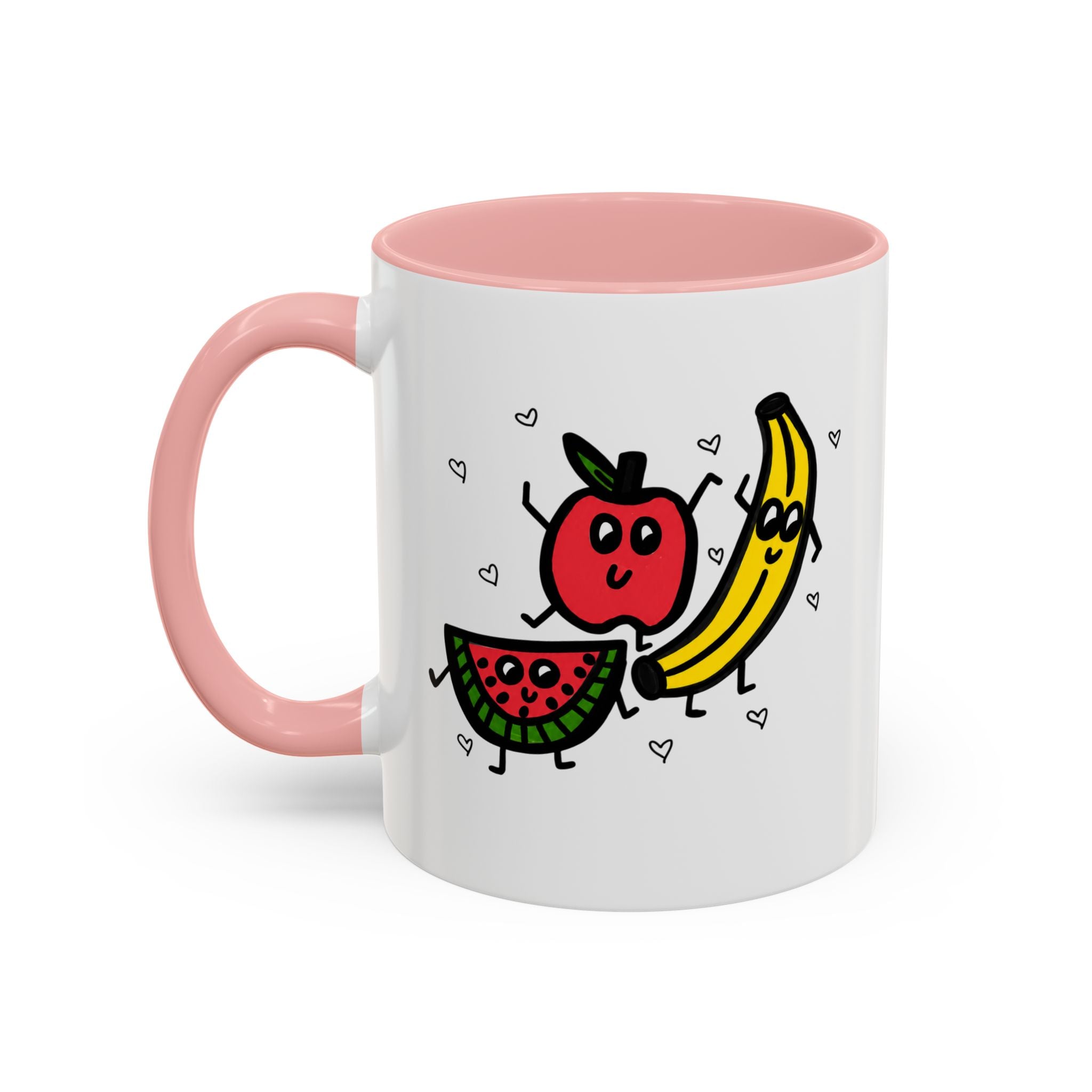Hand-Drawn Smiling Banana Apple Watermelon Mug | Cute Fruit Faces Coffee Cup