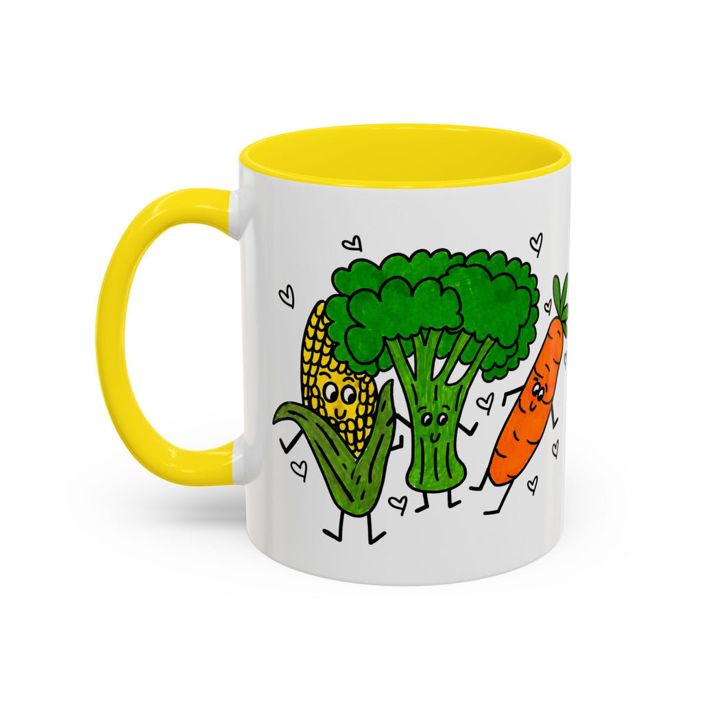 Hand-Drawn Dancing Veggies Carrot Broccoli Corn Mug | Accent Coffee Mug