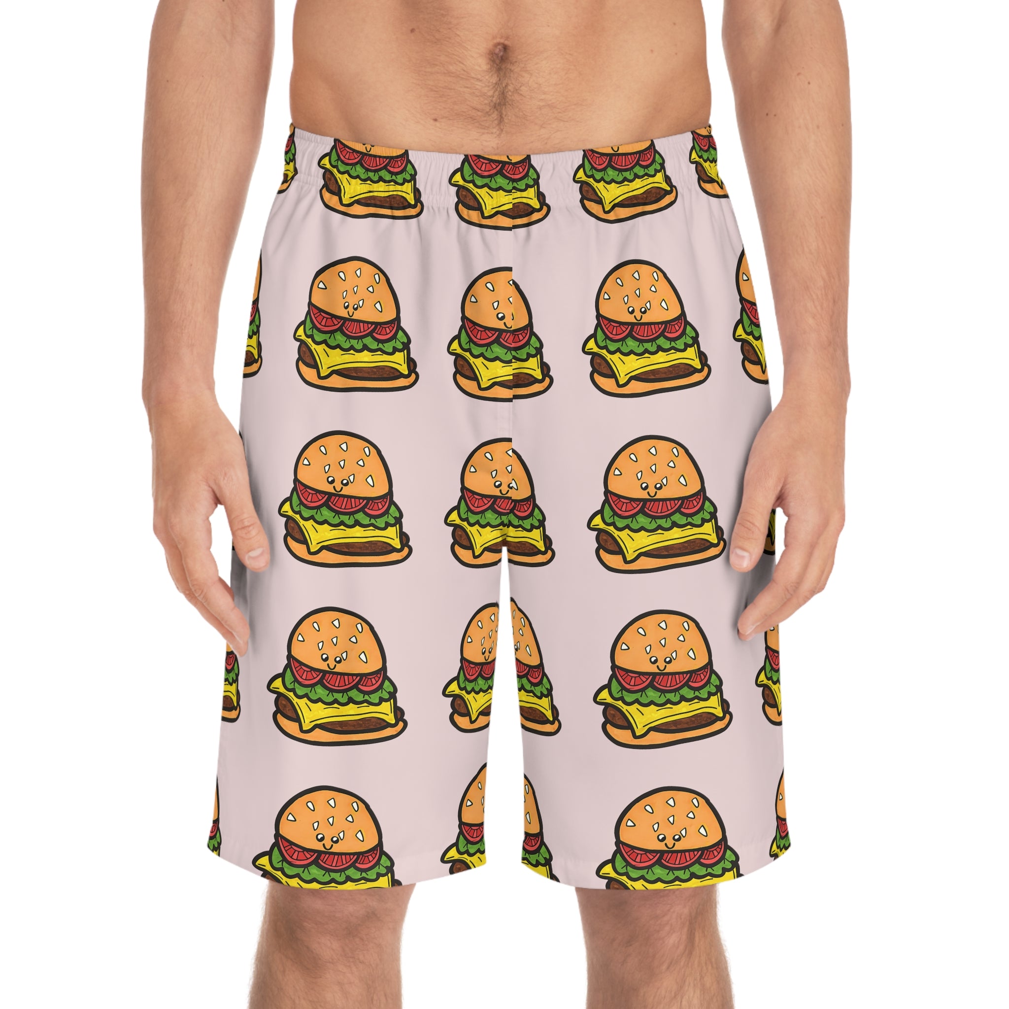 Hand-Drawn Cartoon Cheeseburger Pattern Board Shorts | All-Over Print