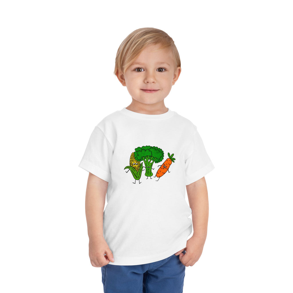 Hand-Drawn Happy Veggies trio Toddler Tee | Corn Broccoli Carrot kids shirt
