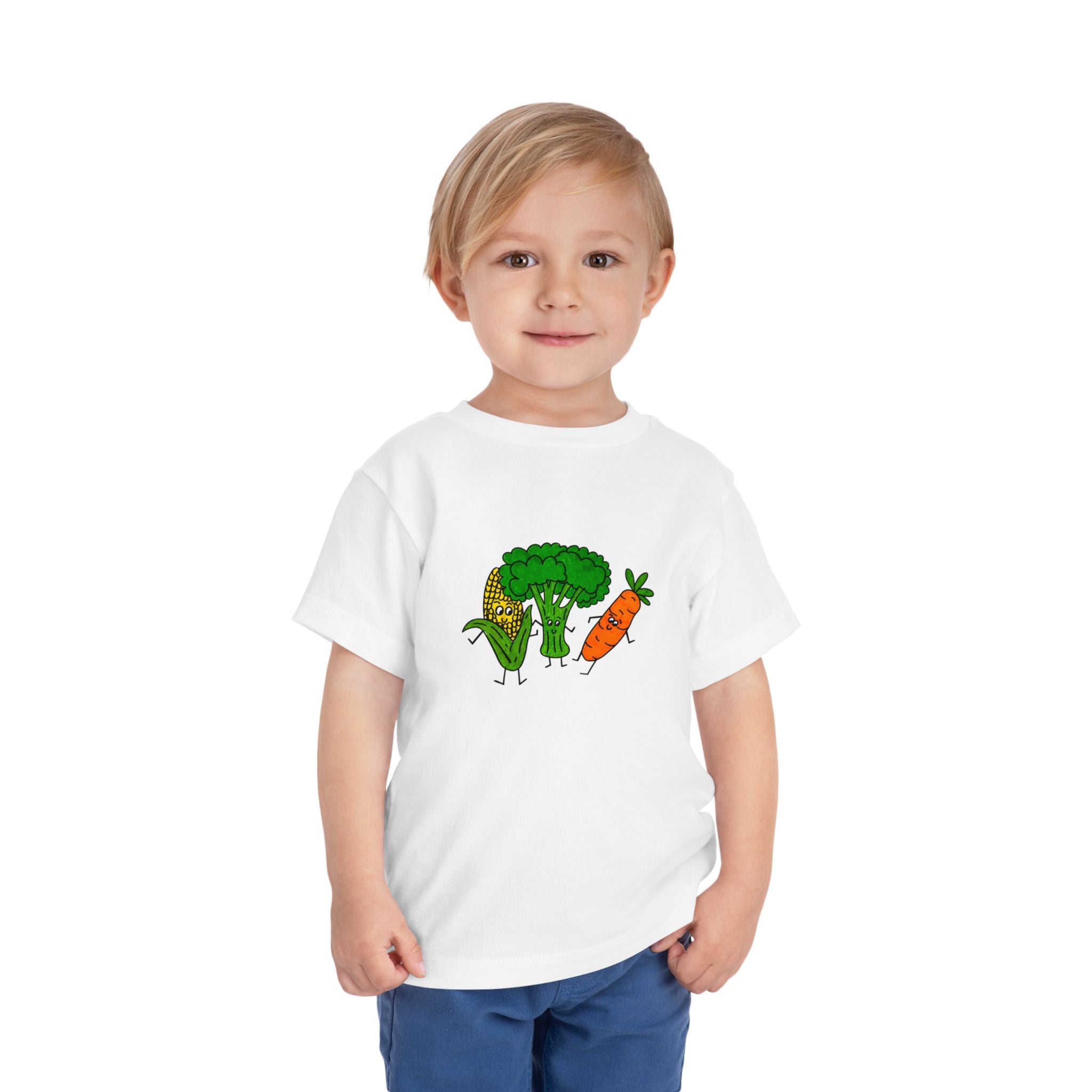Hand-Drawn Happy Veggies trio Toddler Tee | Corn Broccoli Carrot kids shirt