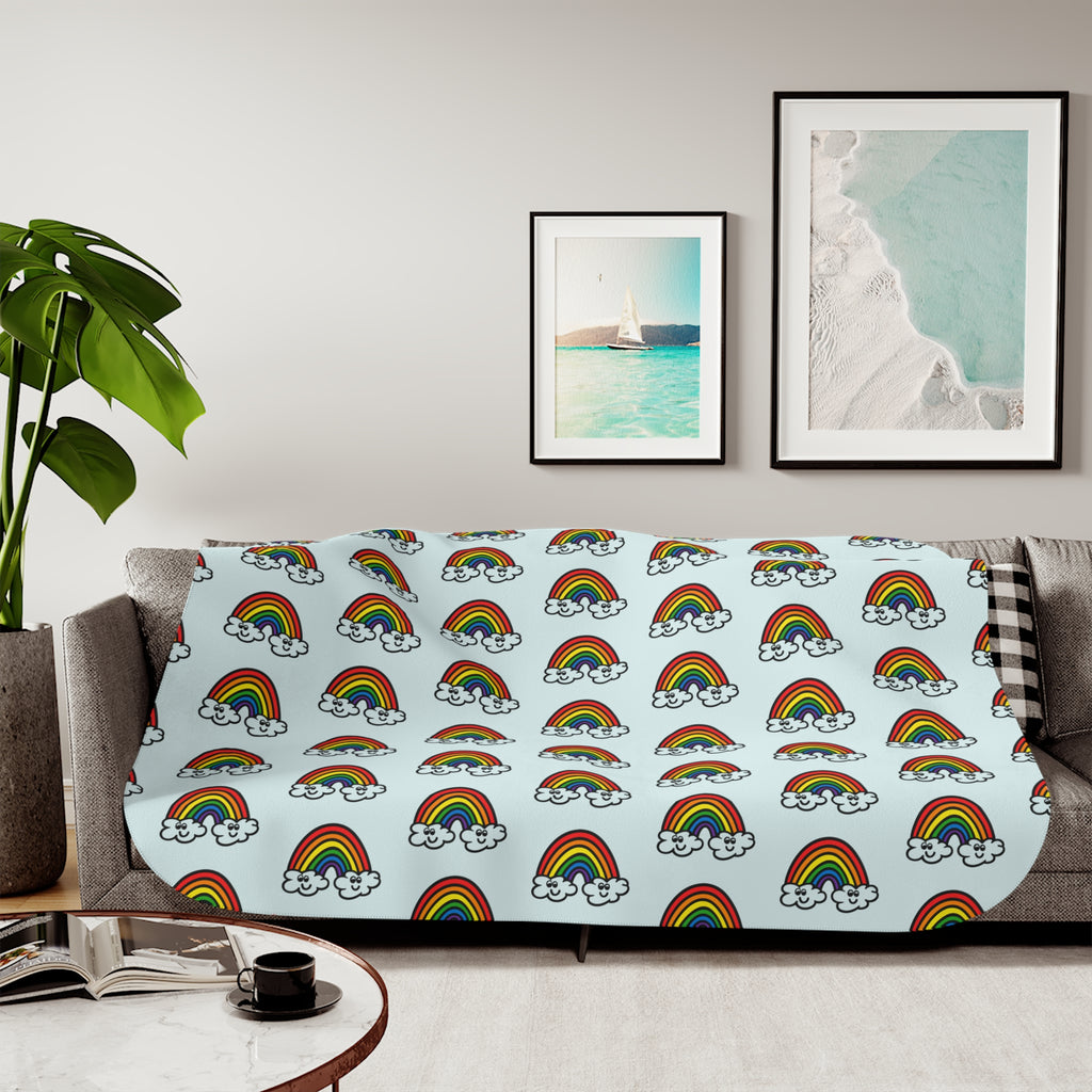 Hand-Drawn Retro Rainbow and Clouds Smiling Pattern Sherpa Blanket | Cute Rainbow Repeat Throw
