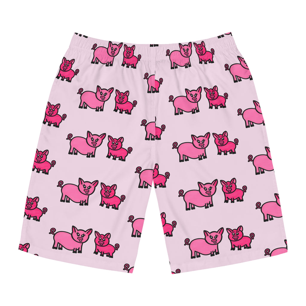 Hand-Drawn Pink Cartoon Pig Pattern Board Shorts | All-Over Print Swim Trunks