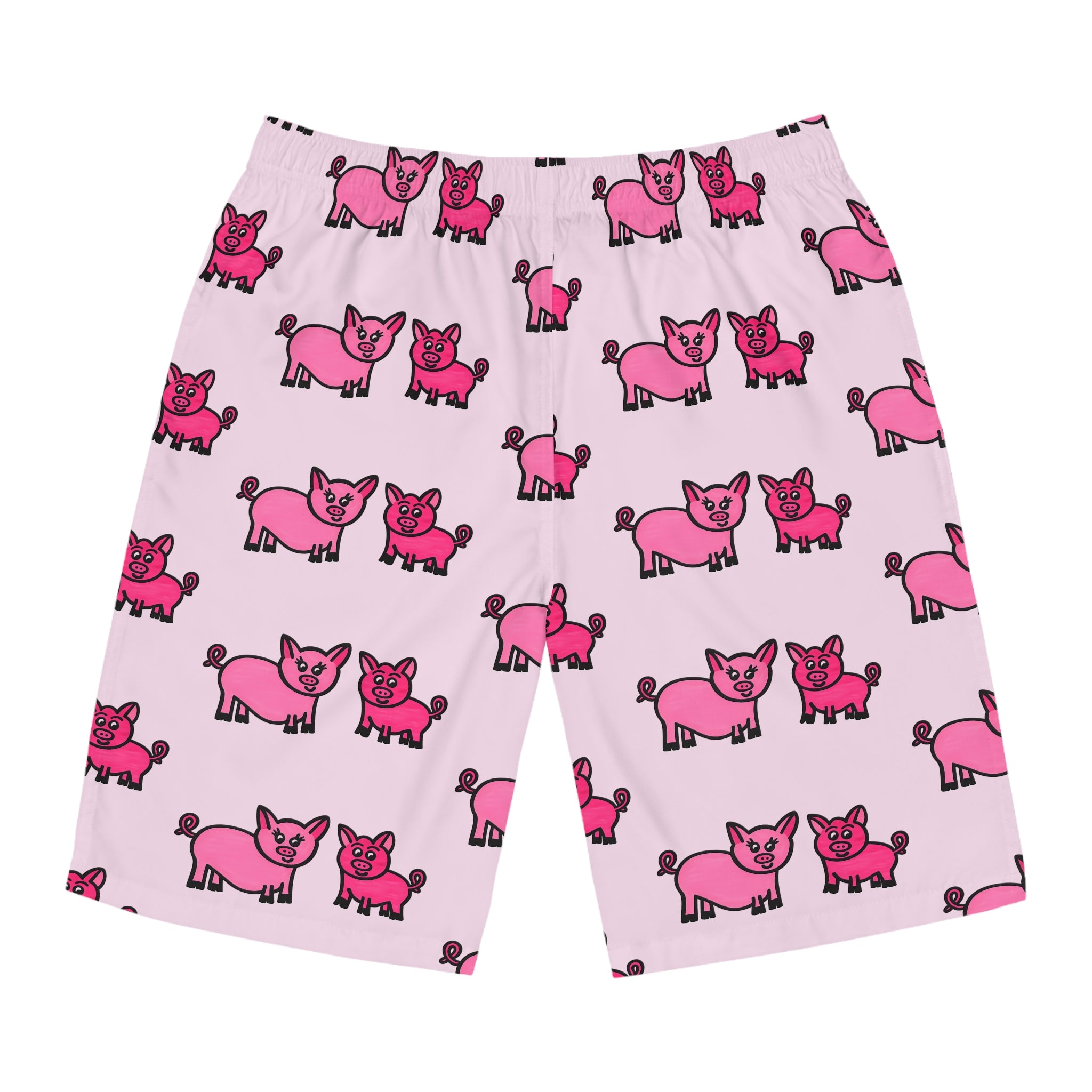 Hand-Drawn Pink Cartoon Pig Pattern Board Shorts | All-Over Print Swim Trunks