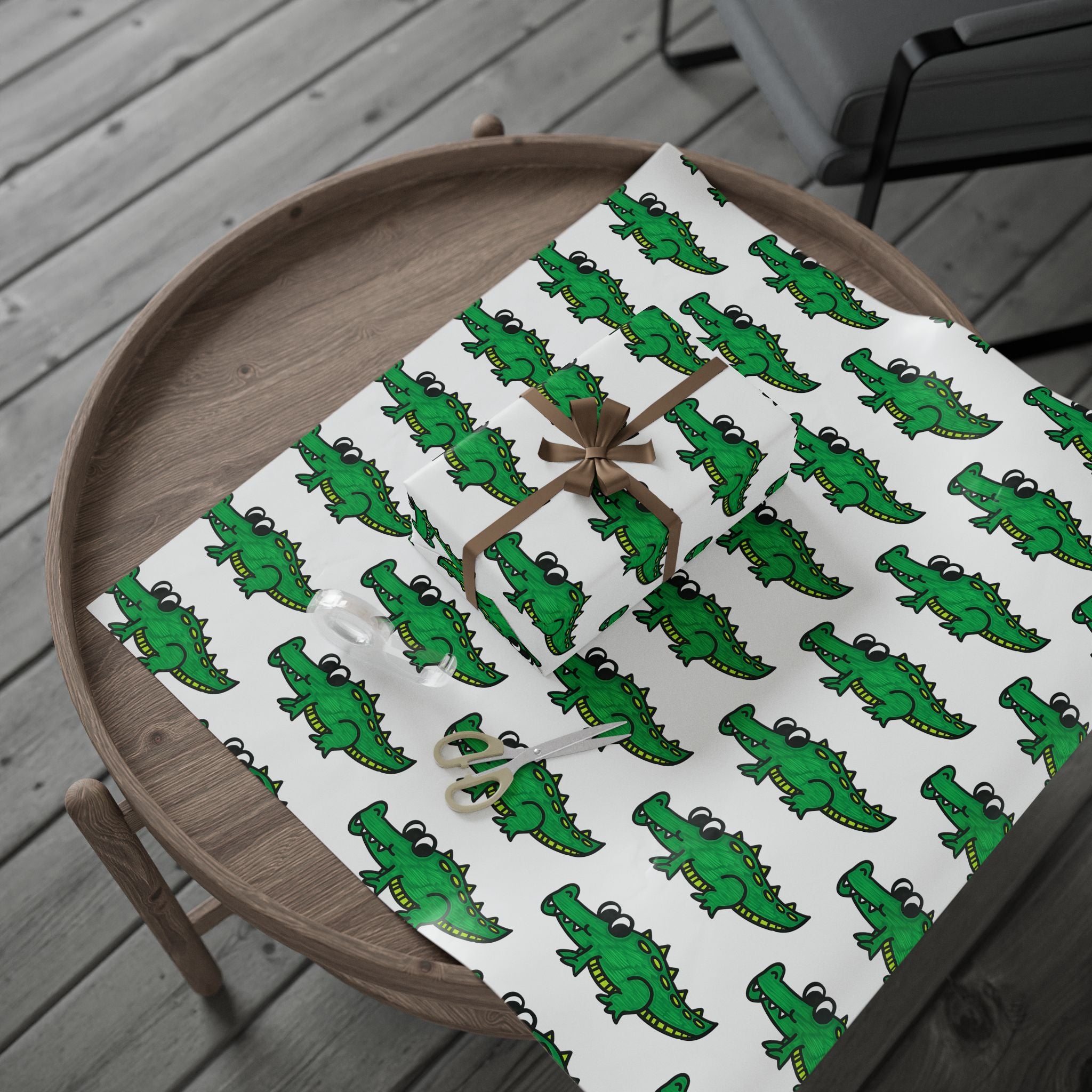 Hand-Drawn Green Cartoon Alligator Wrapping Paper | Repeating Dino Pattern