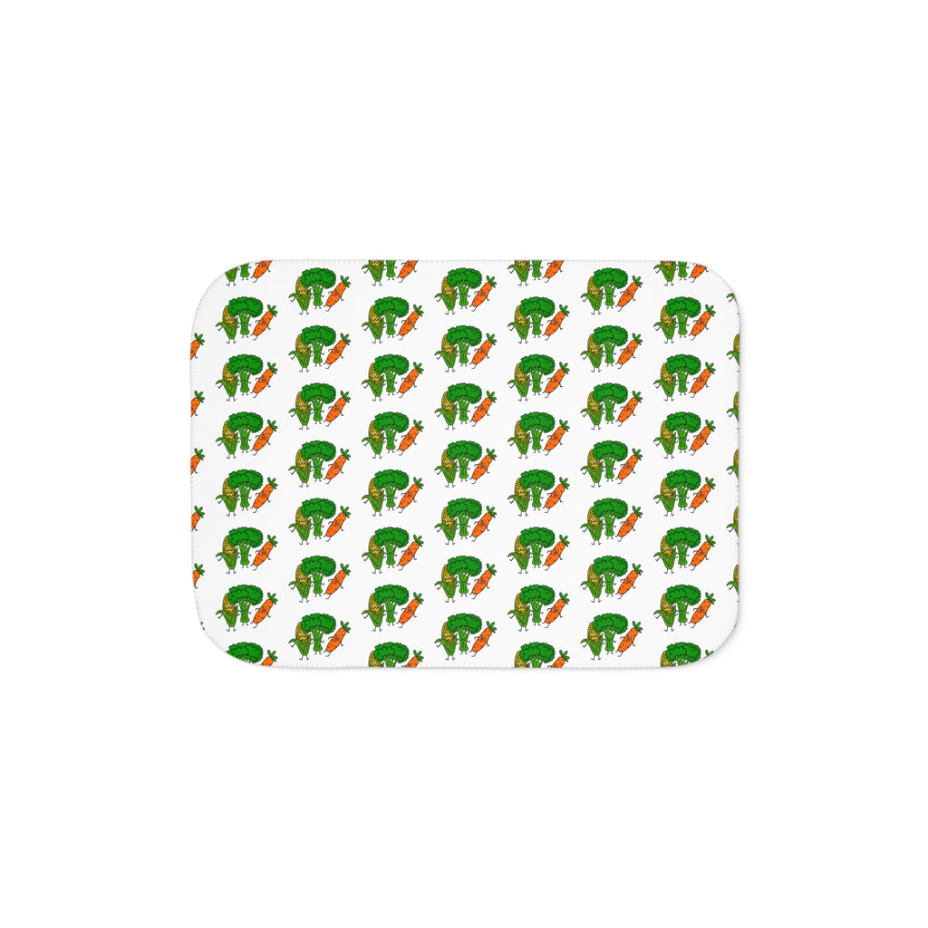 Hand-Drawn Corn, Broccoli, and Carrot Veggie Pattern Sherpa Blanket | Vegetable Motif Repeat Print
