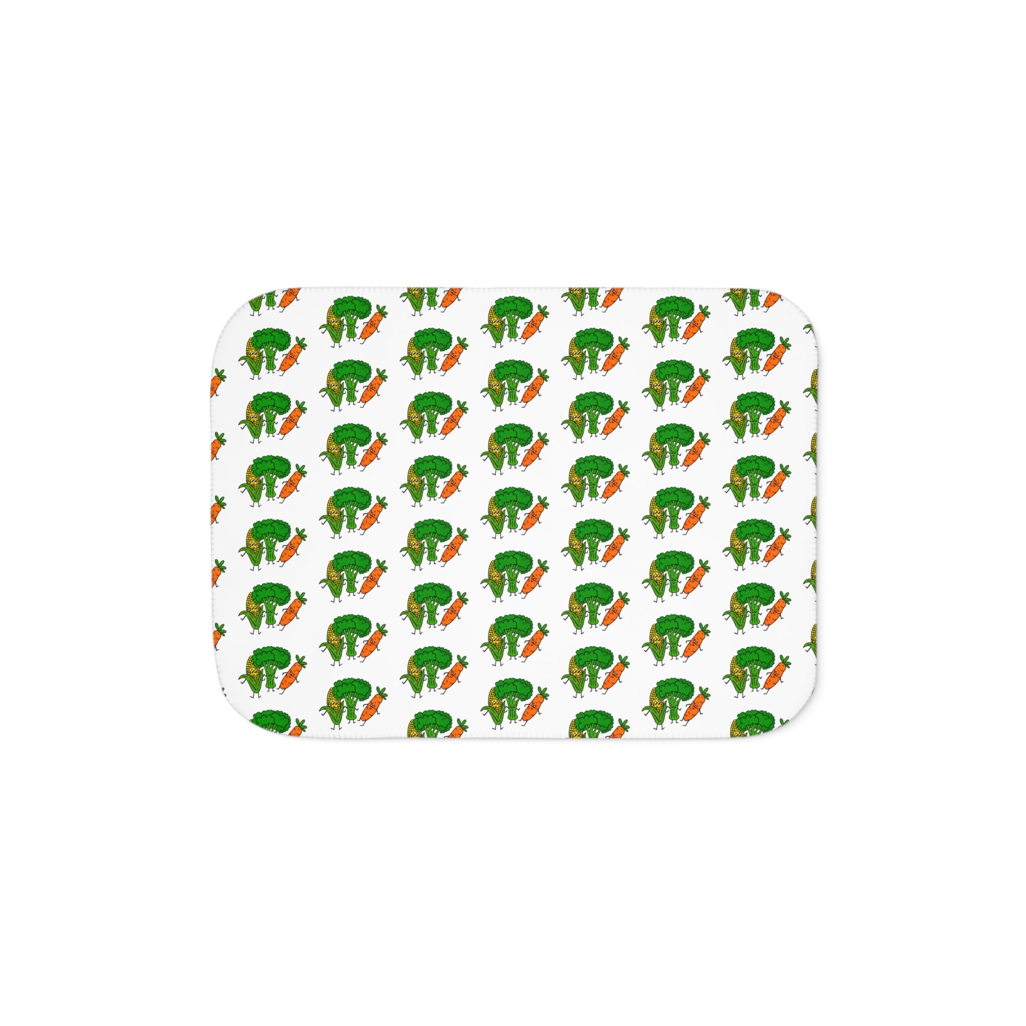 Hand-Drawn Corn, Broccoli, and Carrot Veggie Pattern Sherpa Blanket | Vegetable Motif Repeat Print