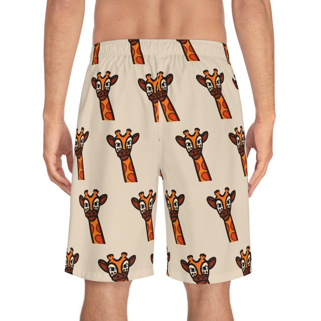 Hand-Drawn Cute Giraffe Pattern Board Shorts | All-Over Print Swim Trunks