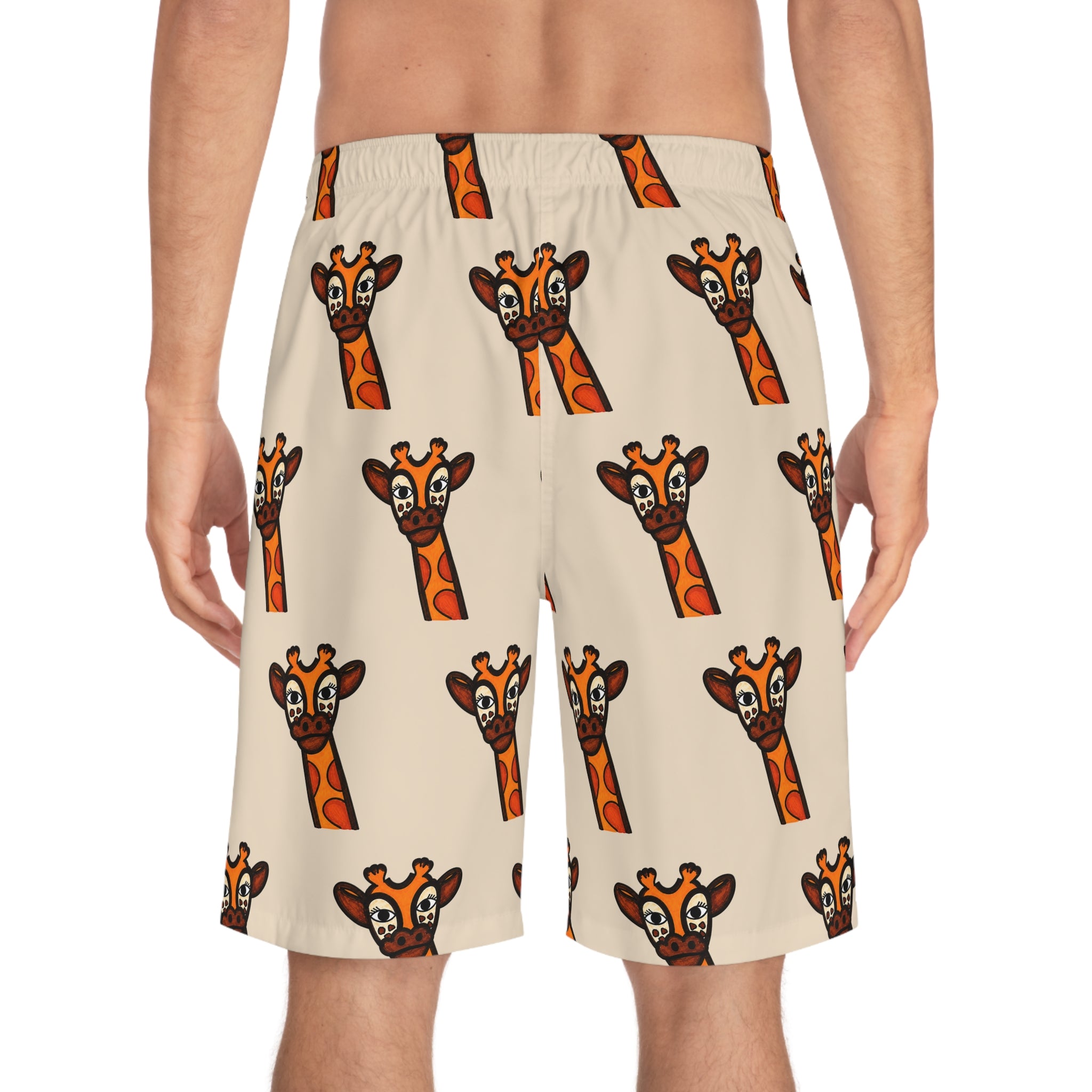Hand-Drawn Cute Giraffe Pattern Board Shorts | All-Over Print Swim Trunks