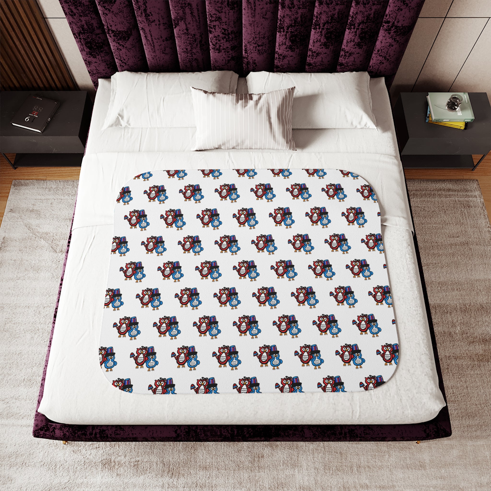Hand-Drawn Blue and Red Patriotic Owl Pattern Sherpa Blanket | Repeating Whimsical Design