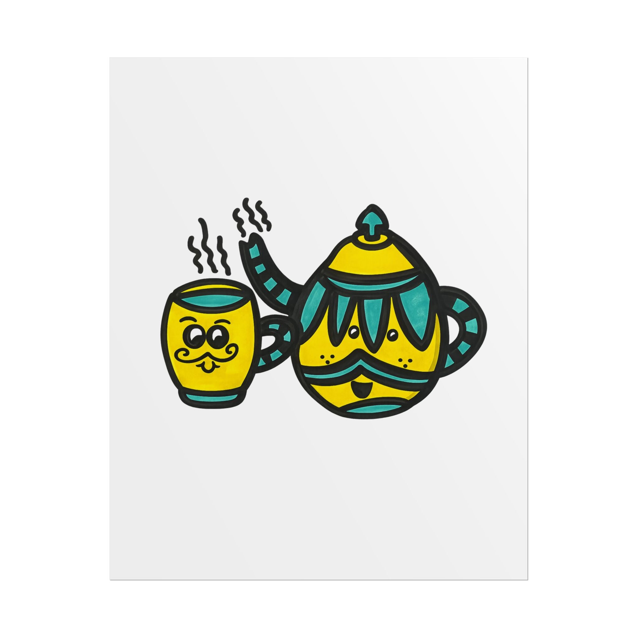 Hand-Drawn Cute Teal and Yellow Mustache Teapot and Cup Illustration Rolled Poster | Tea Art, Kitchen Print