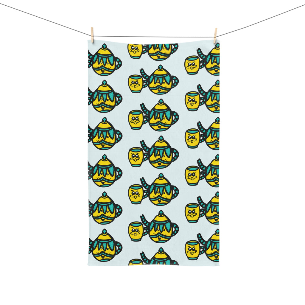 Hand-Drawn Yellow and Teal Mustache Teapot and Mug Pattern Hand Towel | Cute Teatime Kitchen Linen