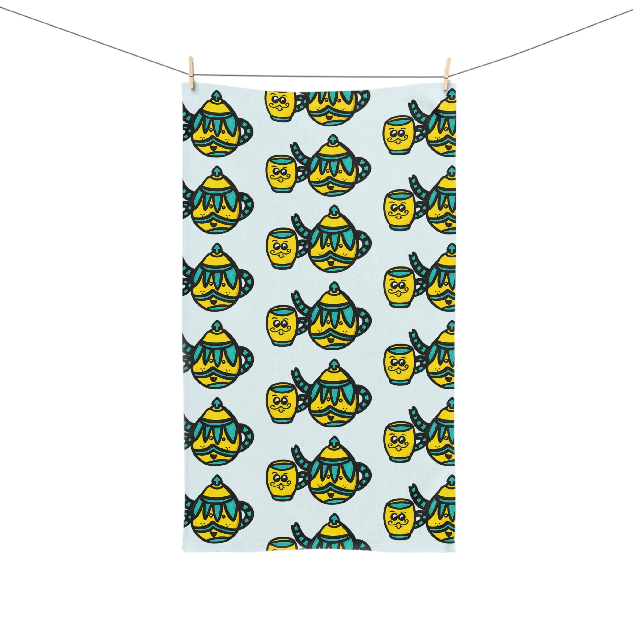 Hand-Drawn Yellow and Teal Mustache Teapot and Mug Pattern Hand Towel | Cute Teatime Kitchen Linen
