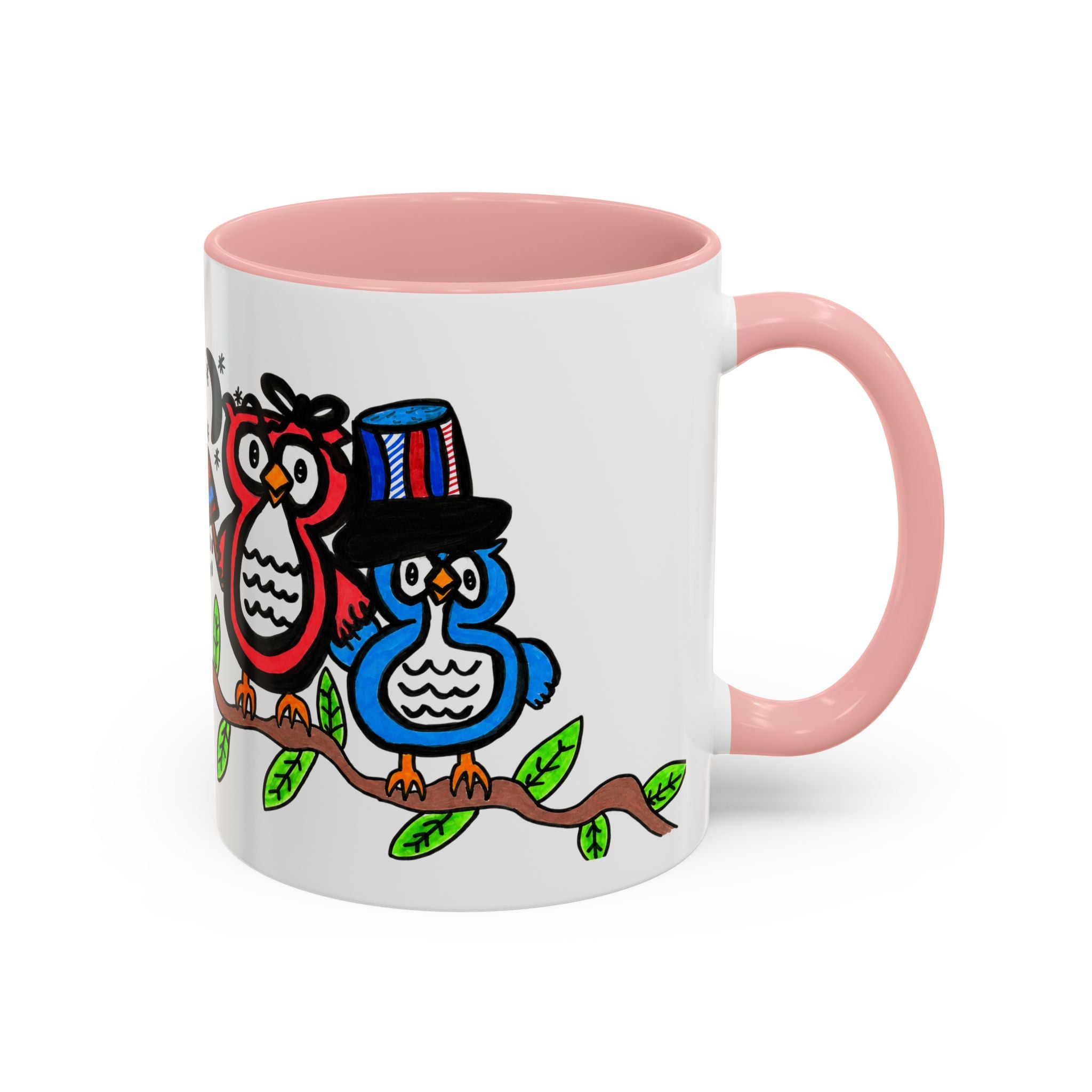 Hand-Drawn Patriotic Owls on a Branch Mug | Accent Coffee Mug 11oz 15oz
