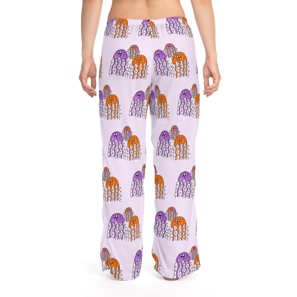 Hand-Drawn Jellyfish Pattern Pajama Pants | Purple Orange Ocean Allover Print