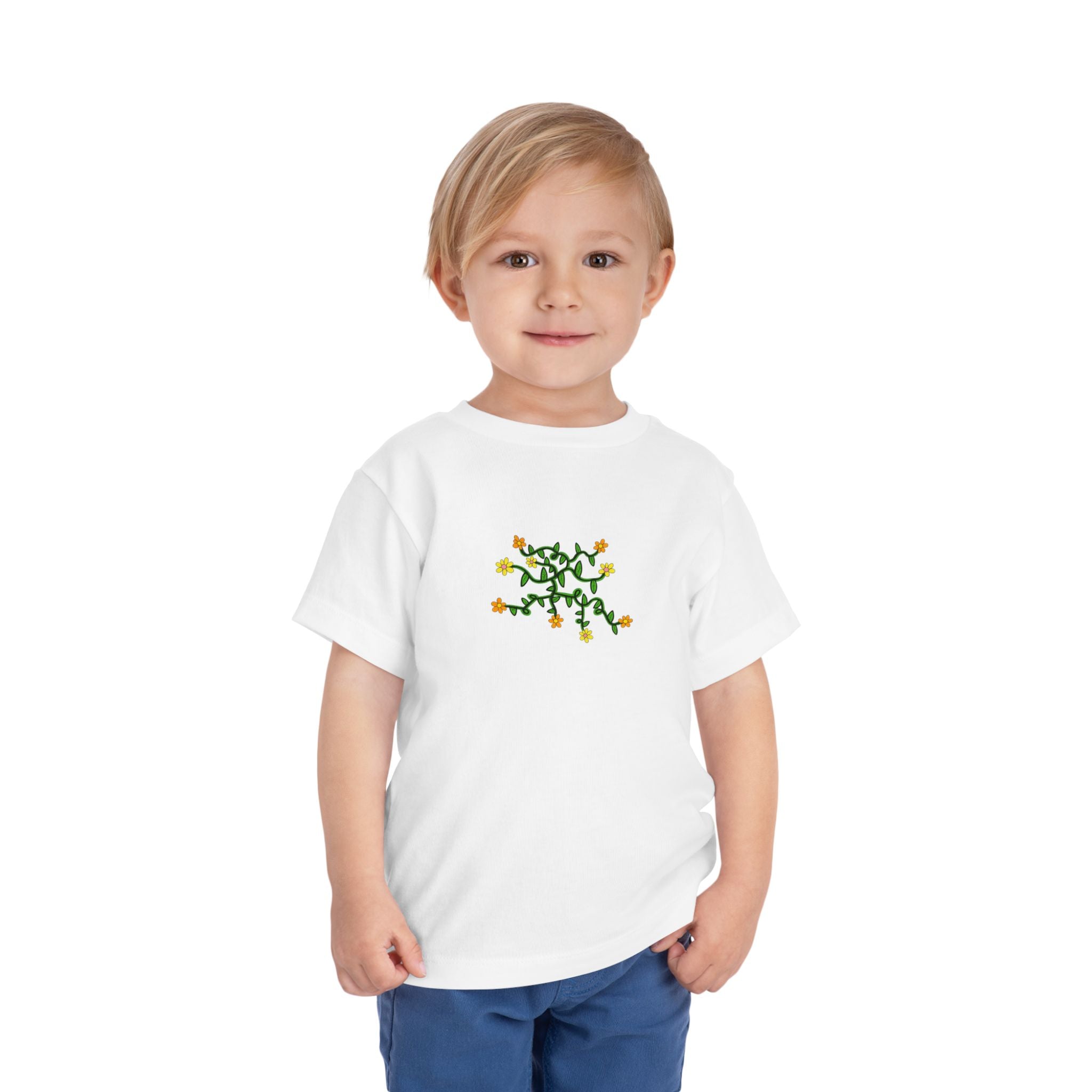 Hand-Drawn Yellow Orange Pink Flowers on Green Vine Toddler Tee | Floral Kids Shirt