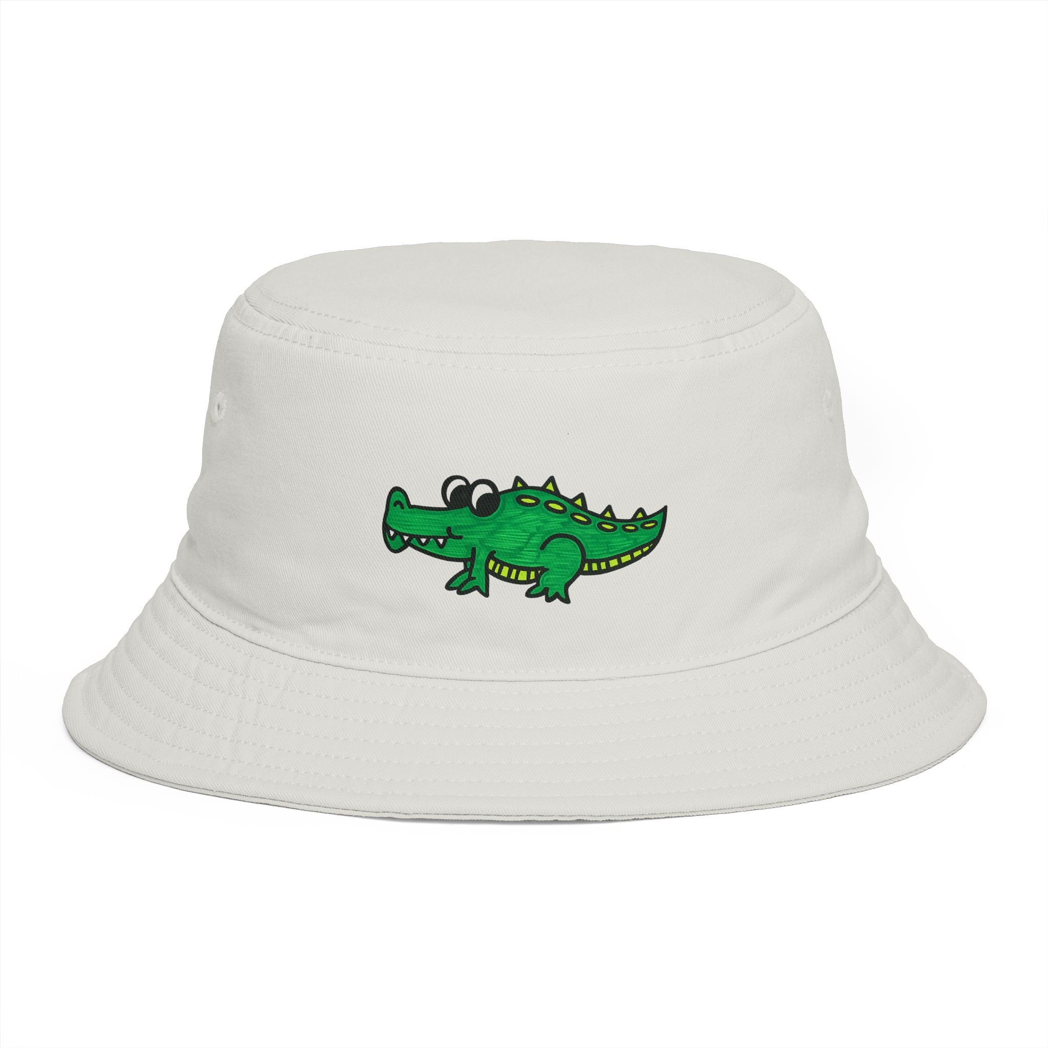 Hand-Drawn Cute Green Alligator Bucket Hat | Cartoon Crocodile Design