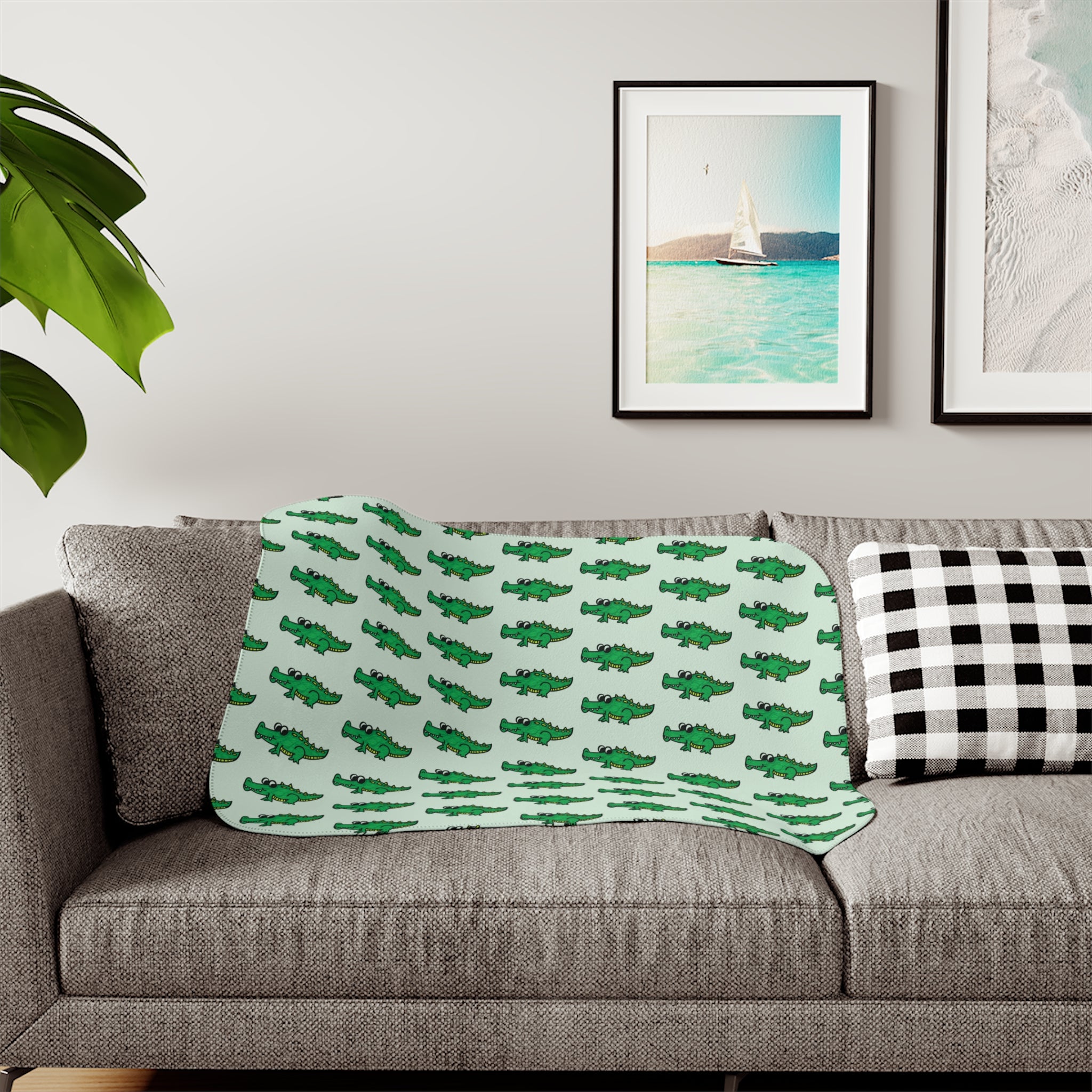 Hand-Drawn Green Alligator Repeat Sherpa Blanket | Cute Reptile Pattern Throw