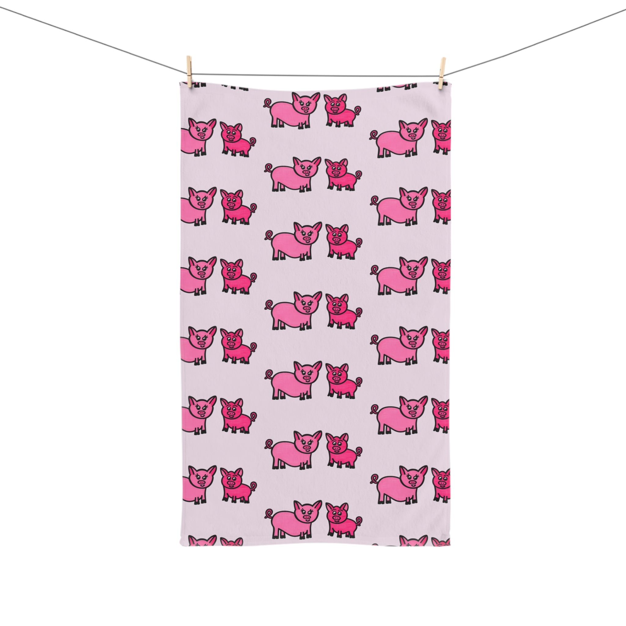 Hand-Drawn Pink Cartoon Pig Pattern Hand Towel | Cute Piglet Kitchen/Bathroom Decor