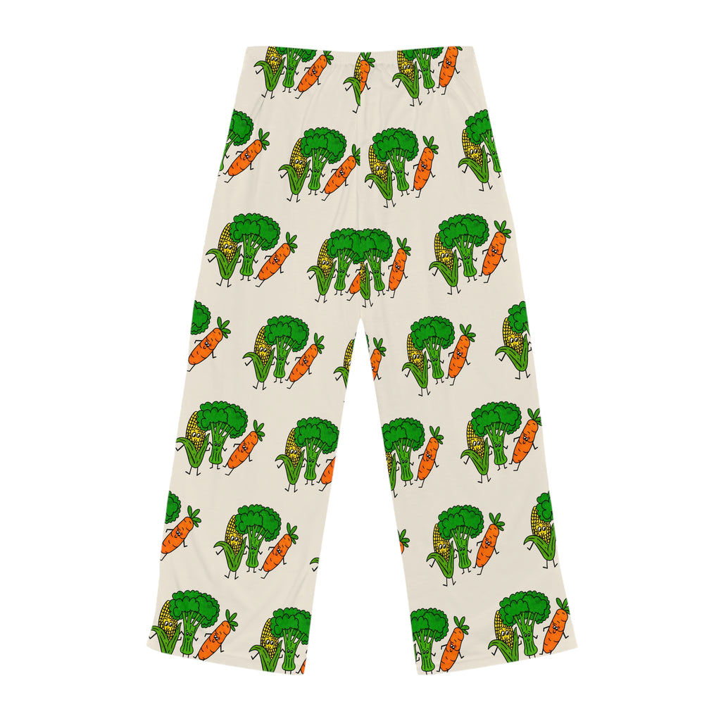 Hand-Drawn Broccoli, Corn, and Carrot Pattern Pajama Pants | Vegetable Print Lounge Pants