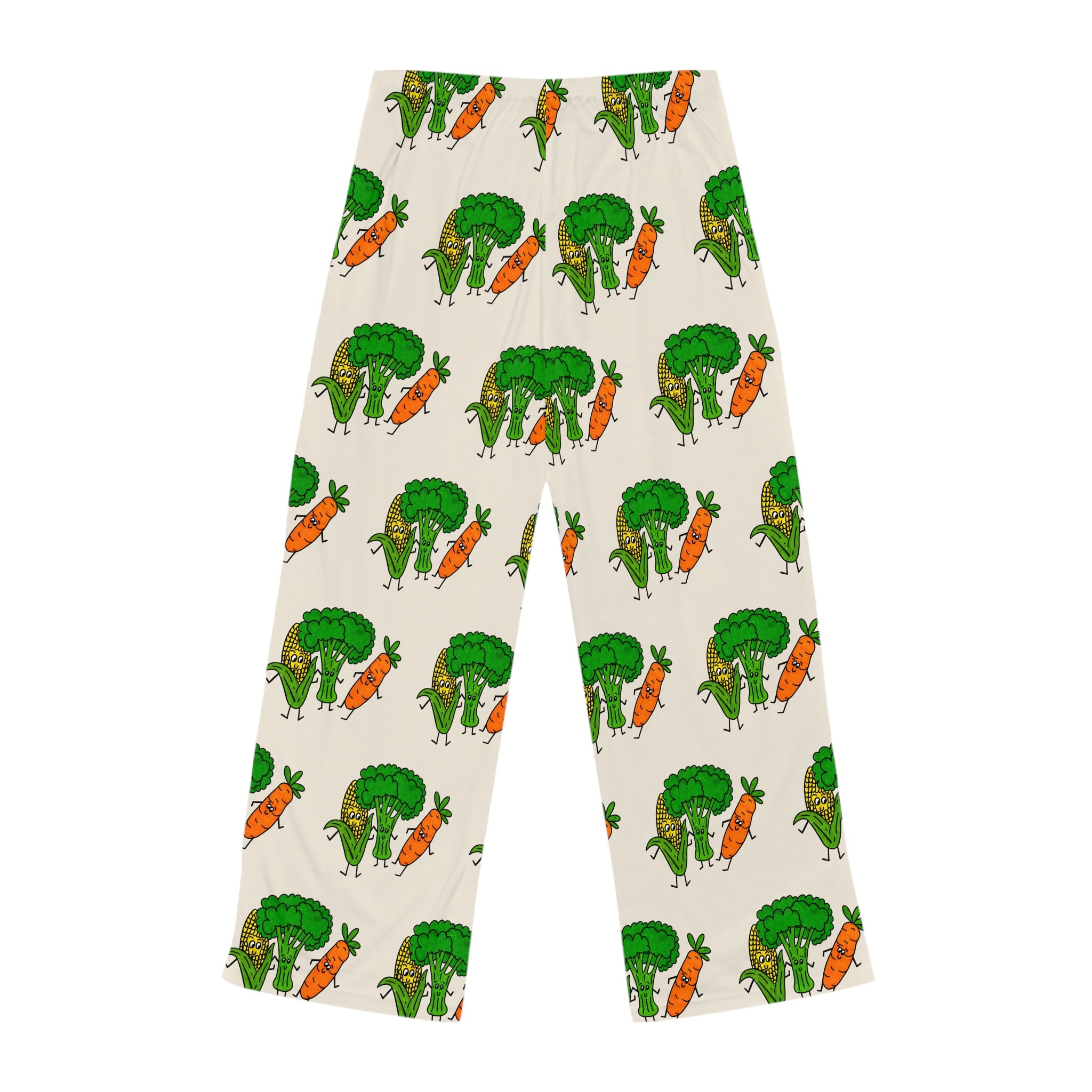 Hand-Drawn Broccoli, Corn, and Carrot Pattern Pajama Pants | Vegetable Print Lounge Pants
