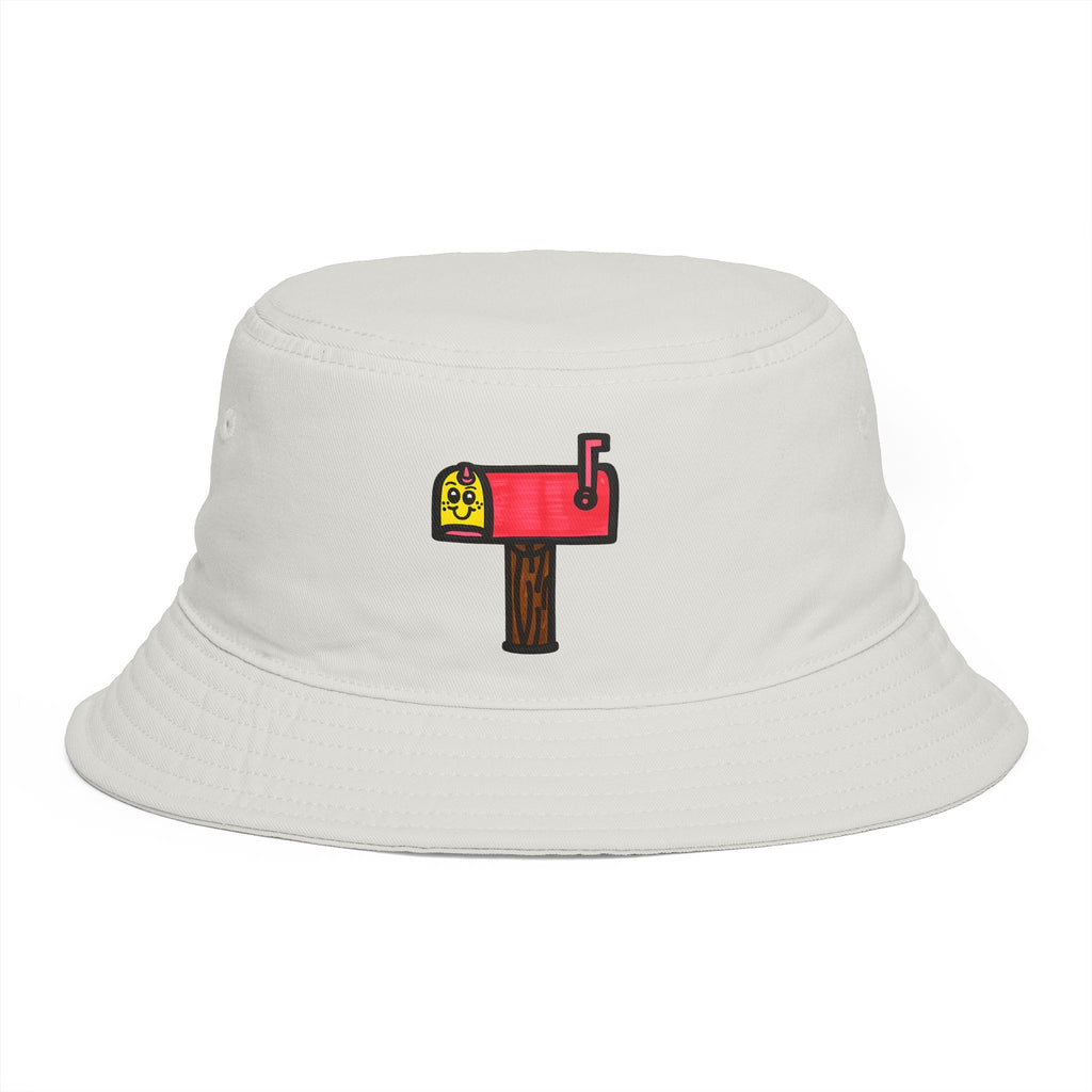 Hand-Drawn Cute Mailbox Illustration Bucket Hat | Tiny Pink and Yellow Mailbox Design