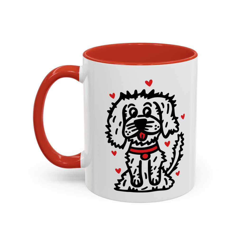 Hand-Drawn Fluffy Dog Red Collar Accent Coffee Mug | White Dog Illustration