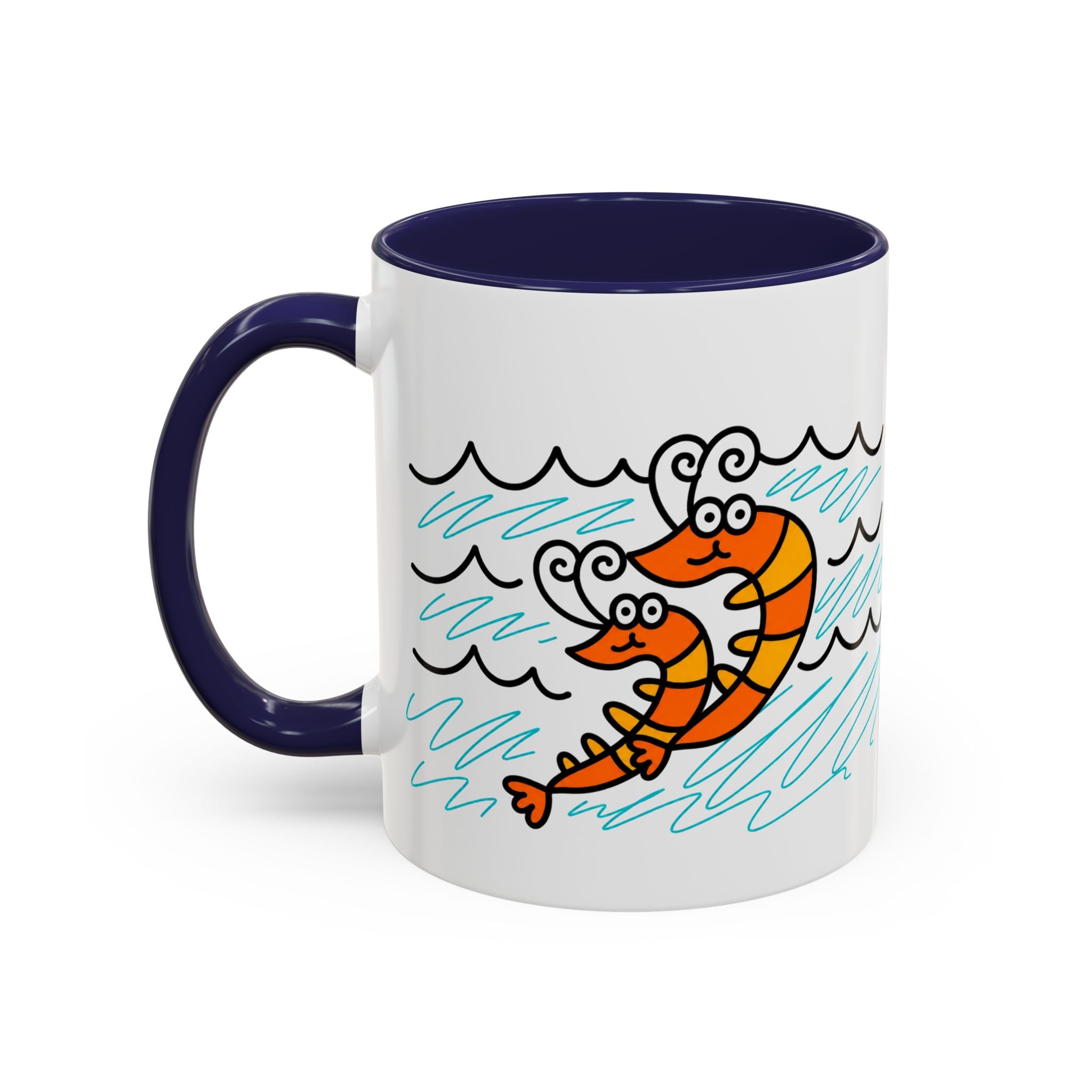 Hand-Drawn Two Shrimp Ocean Waves Mug | Coastal Seafood Ceramic Coffee Mug