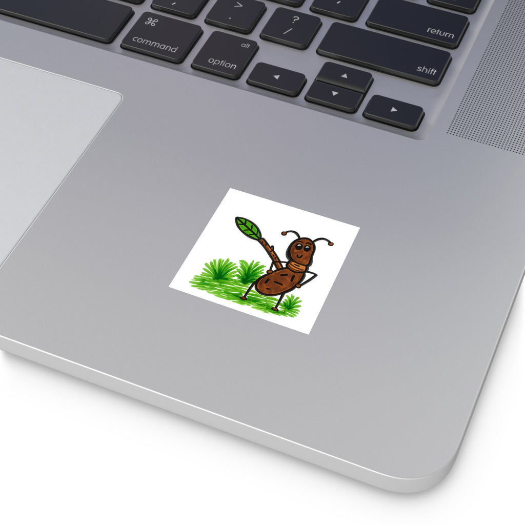 Hand-Drawn Cute Ant with Leaf Illustration Square Stickers | Indoor Outdoor
