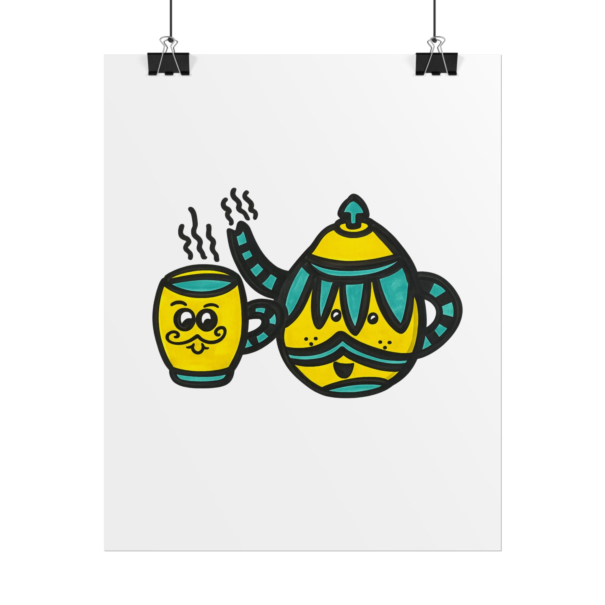 Hand-Drawn Cute Teal and Yellow Mustache Teapot and Cup Illustration Rolled Poster | Tea Art, Kitchen Print
