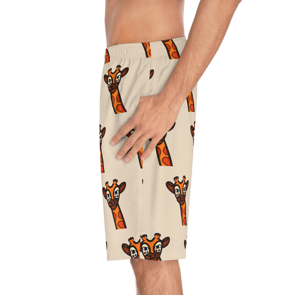 Hand-Drawn Cute Giraffe Pattern Board Shorts | All-Over Print Swim Trunks