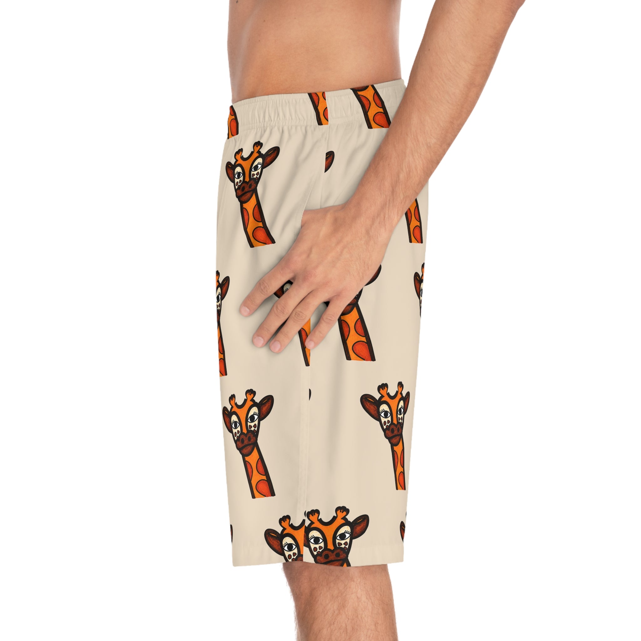 Hand-Drawn Cute Giraffe Pattern Board Shorts | All-Over Print Swim Trunks