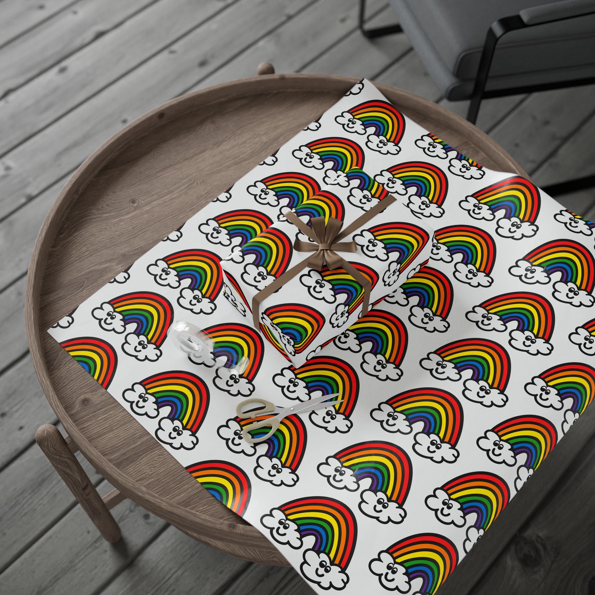 Hand-Drawn Retro Rainbow Pattern wrapping paper | Cute Cloud Rainbows Gift Wrap