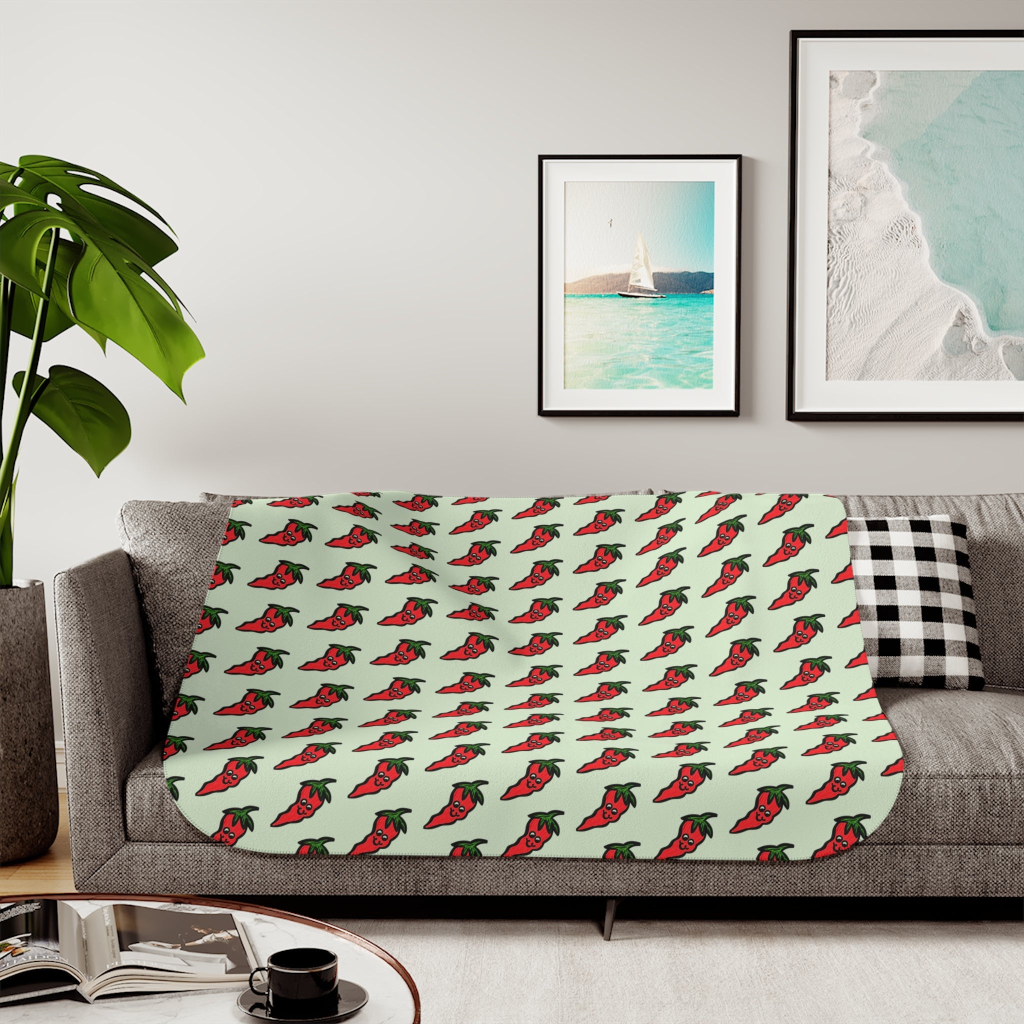 Hand-Drawn Cute Chili Pepper Pattern Sherpa Blanket | Repeating Whimsical Pepper Design