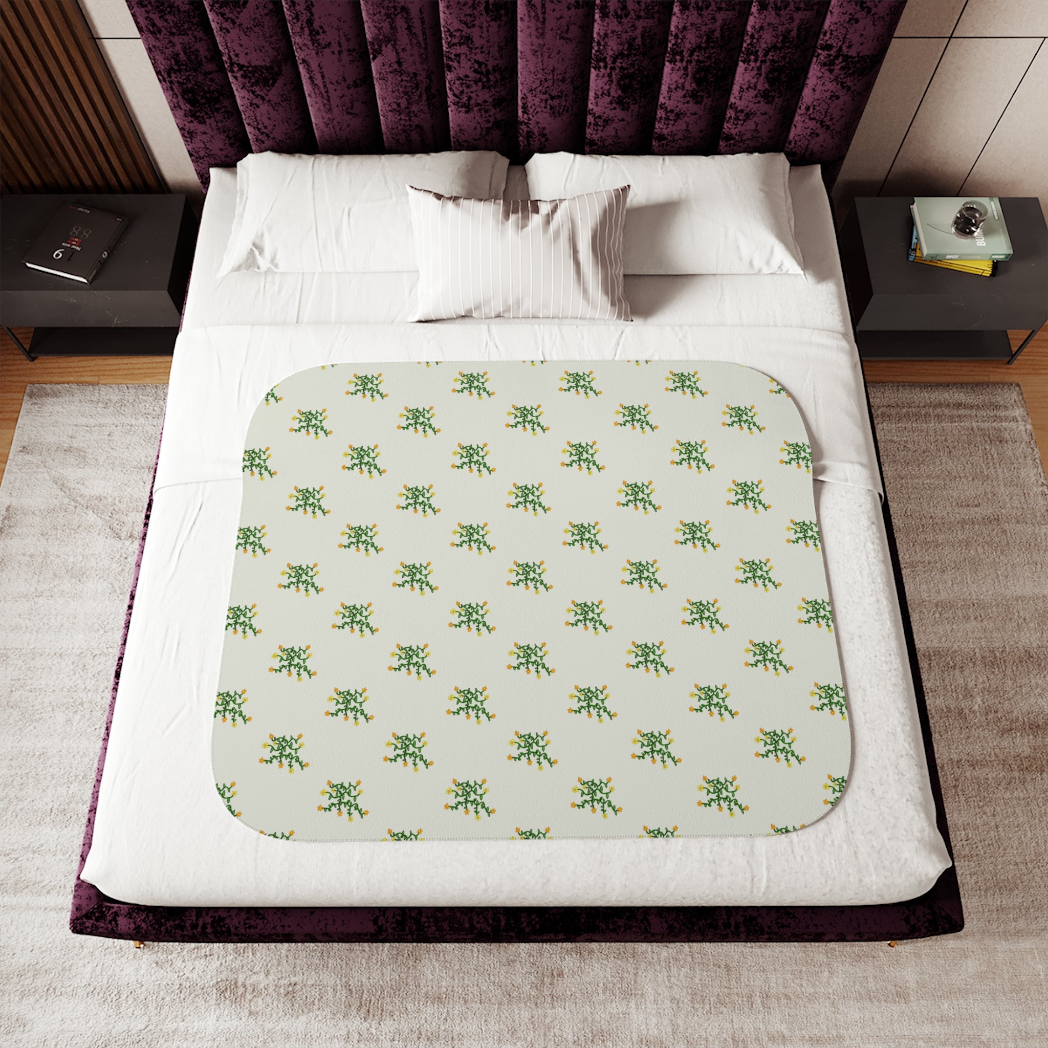 Hand-Drawn Green Vine with Flowers Sherpa Blanket | Tropical Botanical Throw