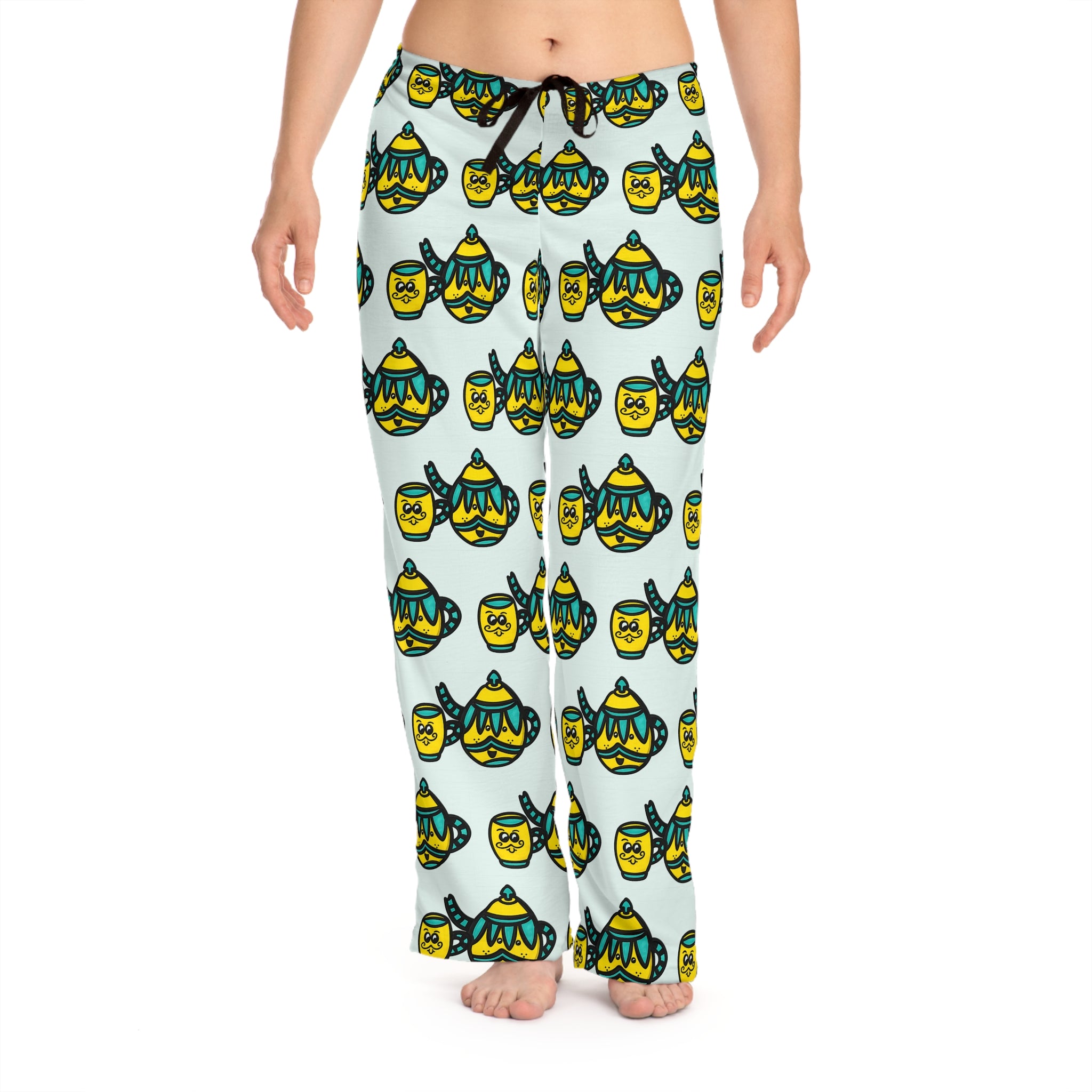 Hand-Drawn Yellow and Teal Mustache Teapot and Cup Pattern Pajama Pants | Cute All-Over Print