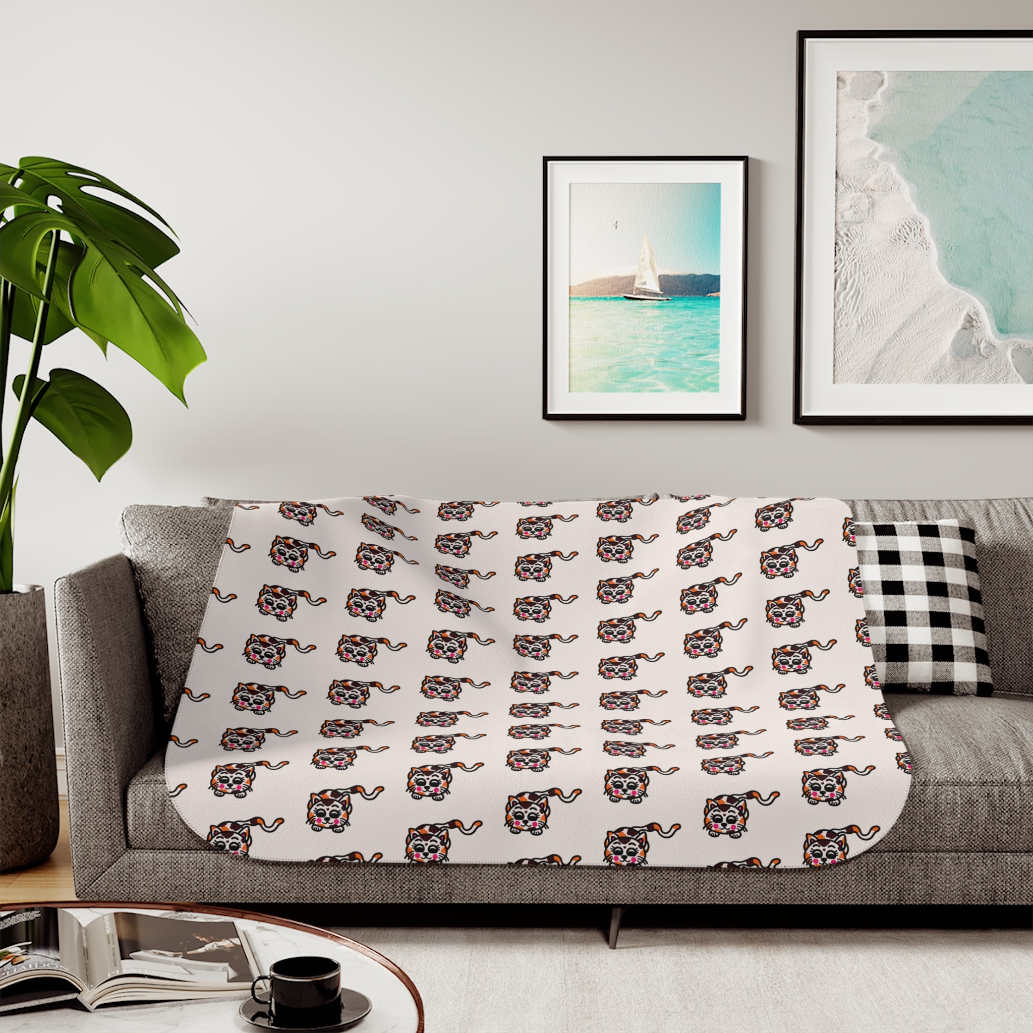 Hand-Drawn Cute Patterned Cat Sherpa Blanket | Cream Repeat Illustration