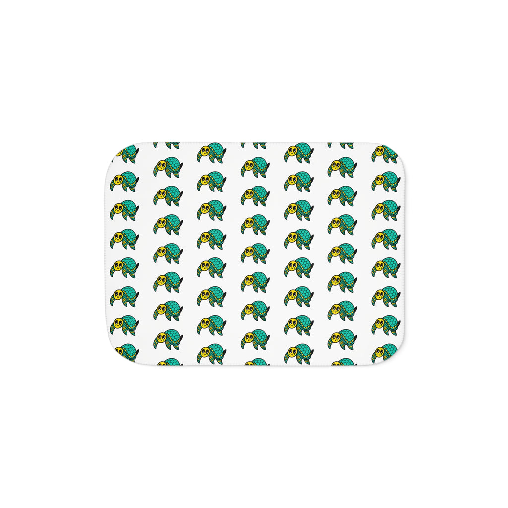 Hand-Drawn Green and Yellow Turtle Pattern Sherpa Blanket | Repeating Sea Turtle Design, Cozy Ocean Throw