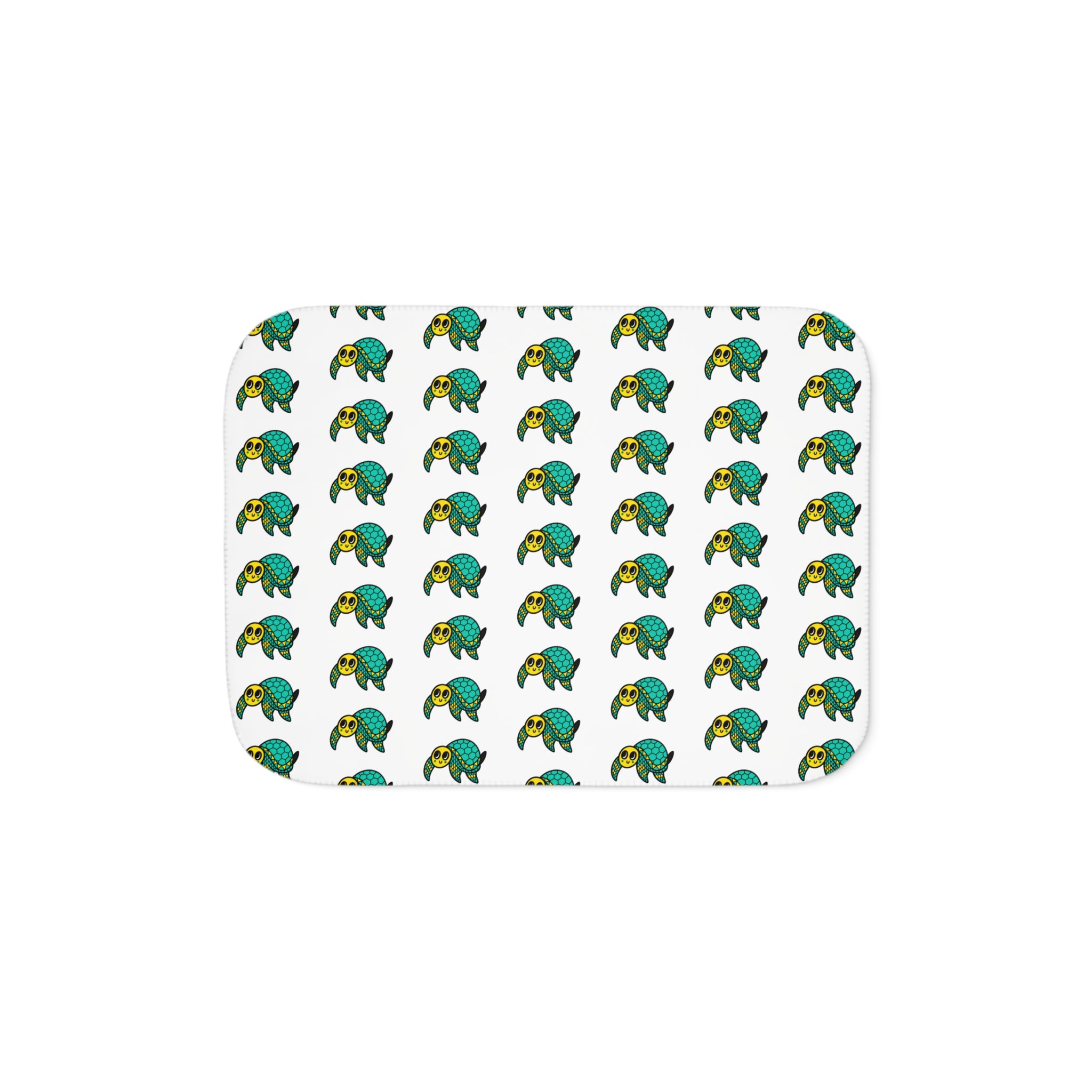 Hand-Drawn Green and Yellow Turtle Pattern Sherpa Blanket | Repeating Sea Turtle Design, Cozy Ocean Throw