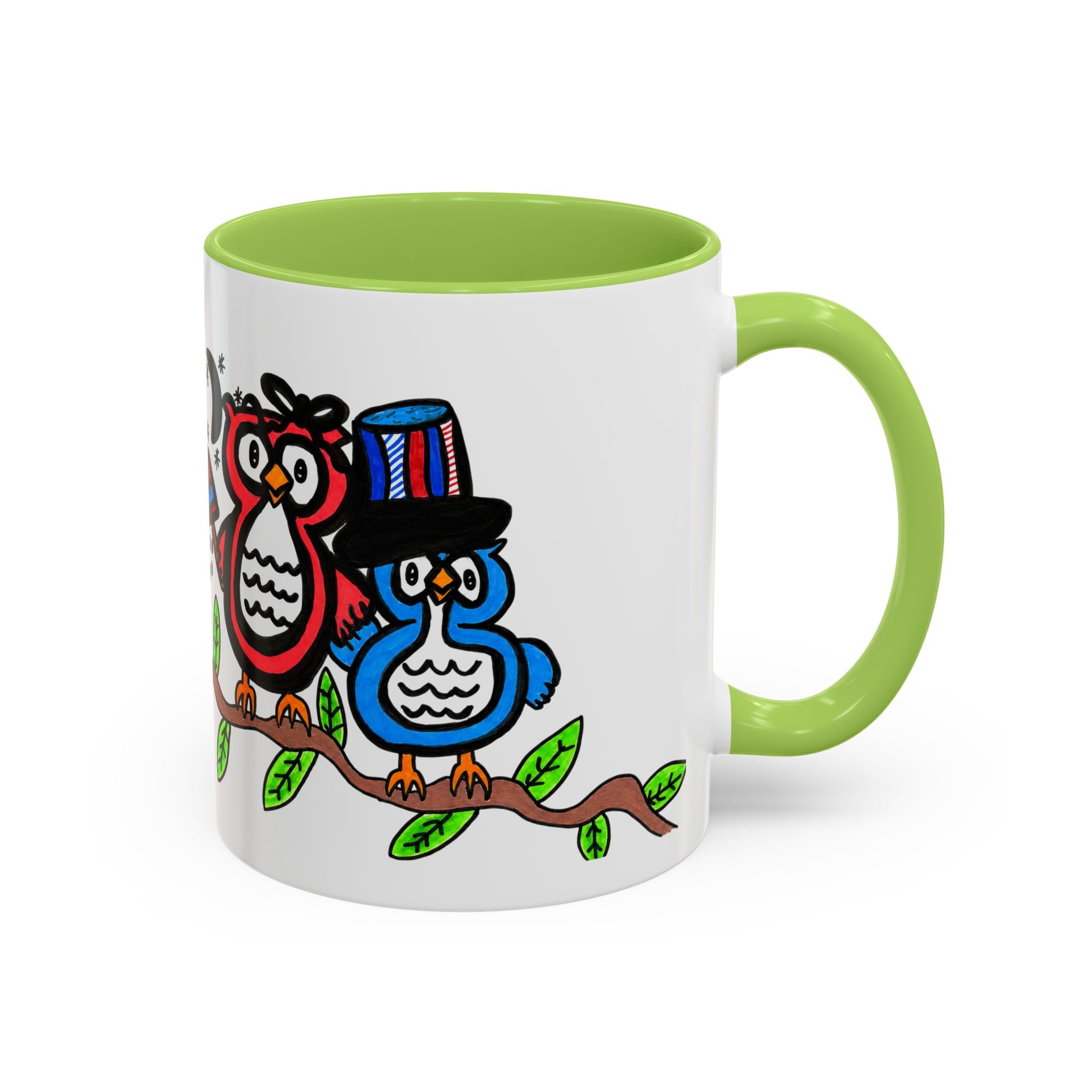 Hand-Drawn Patriotic Owls on a Branch Mug | Accent Coffee Mug 11oz 15oz