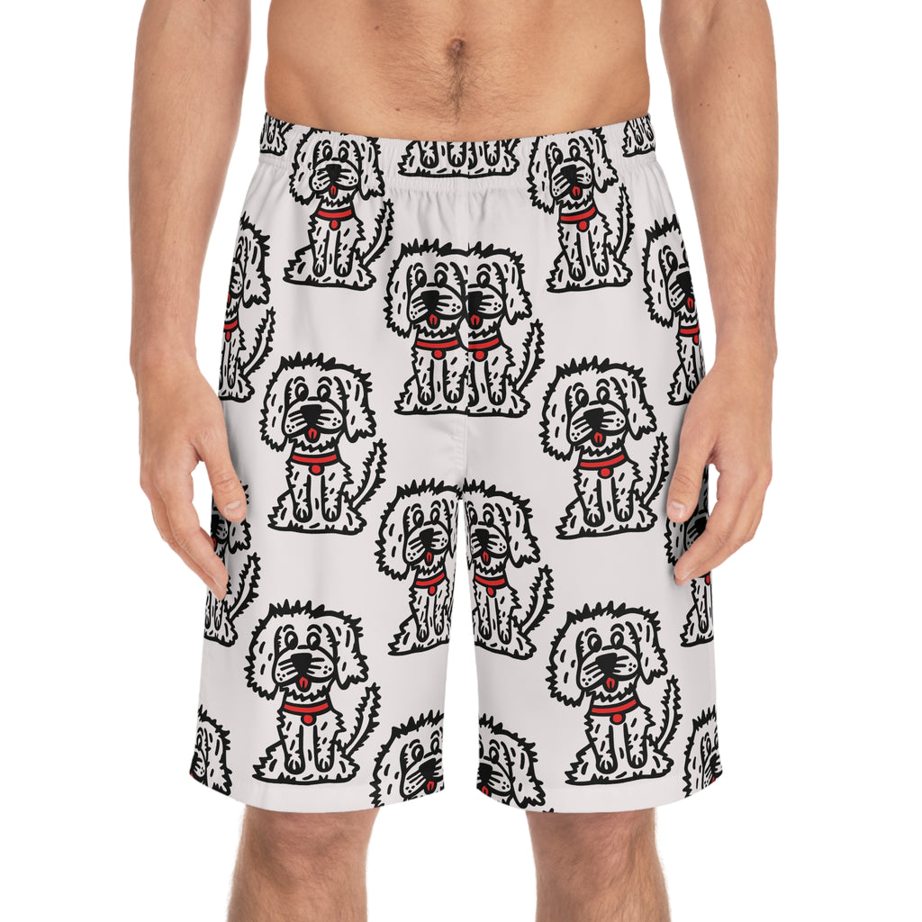 Hand-Drawn Cute Fluffy Cartoon Dog with Red Collar Pattern Men's Board Shorts | All-Over Print
