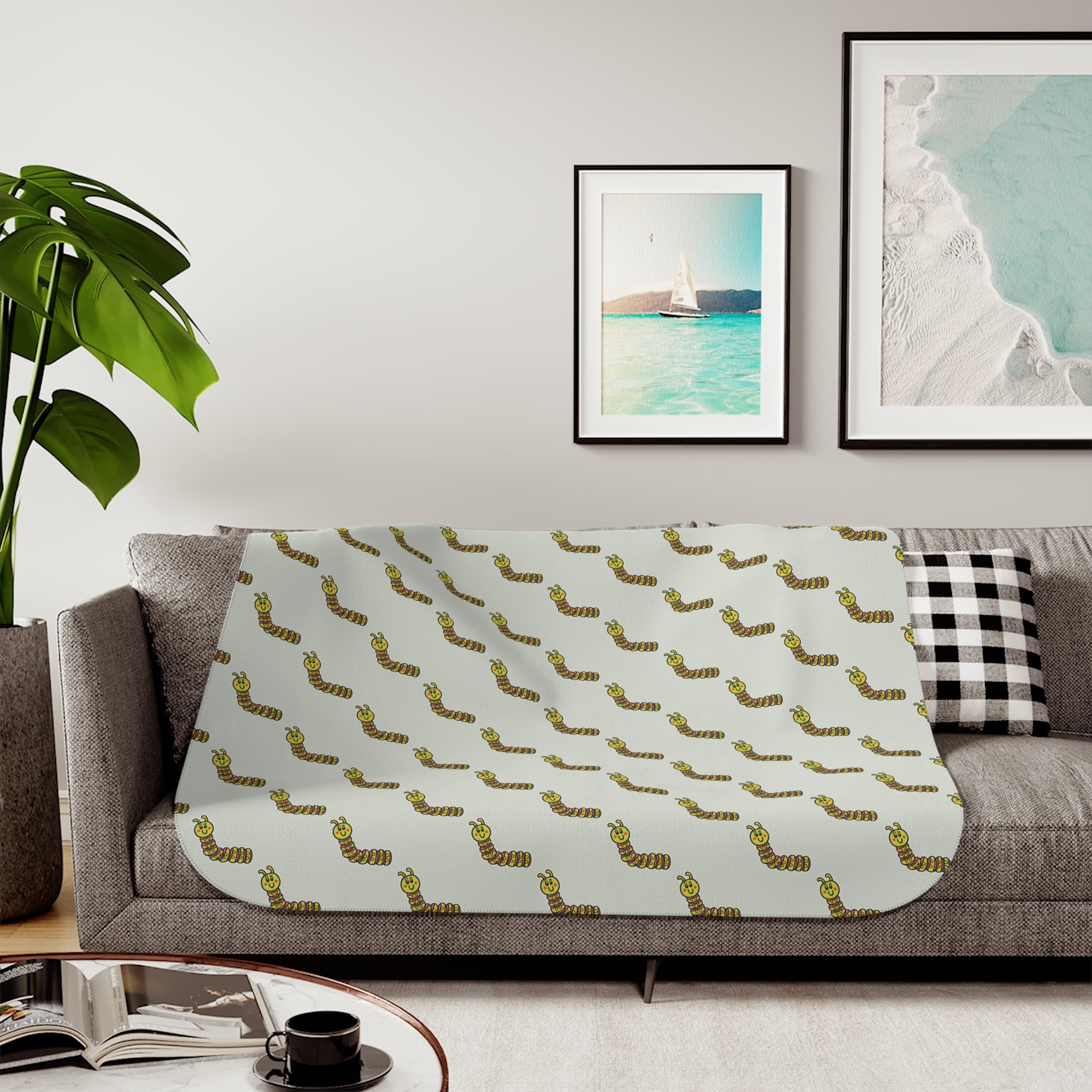 Hand-Drawn Green Pink Yellow Caterpillar Pattern Sherpa Blanket | Cozy Throw
